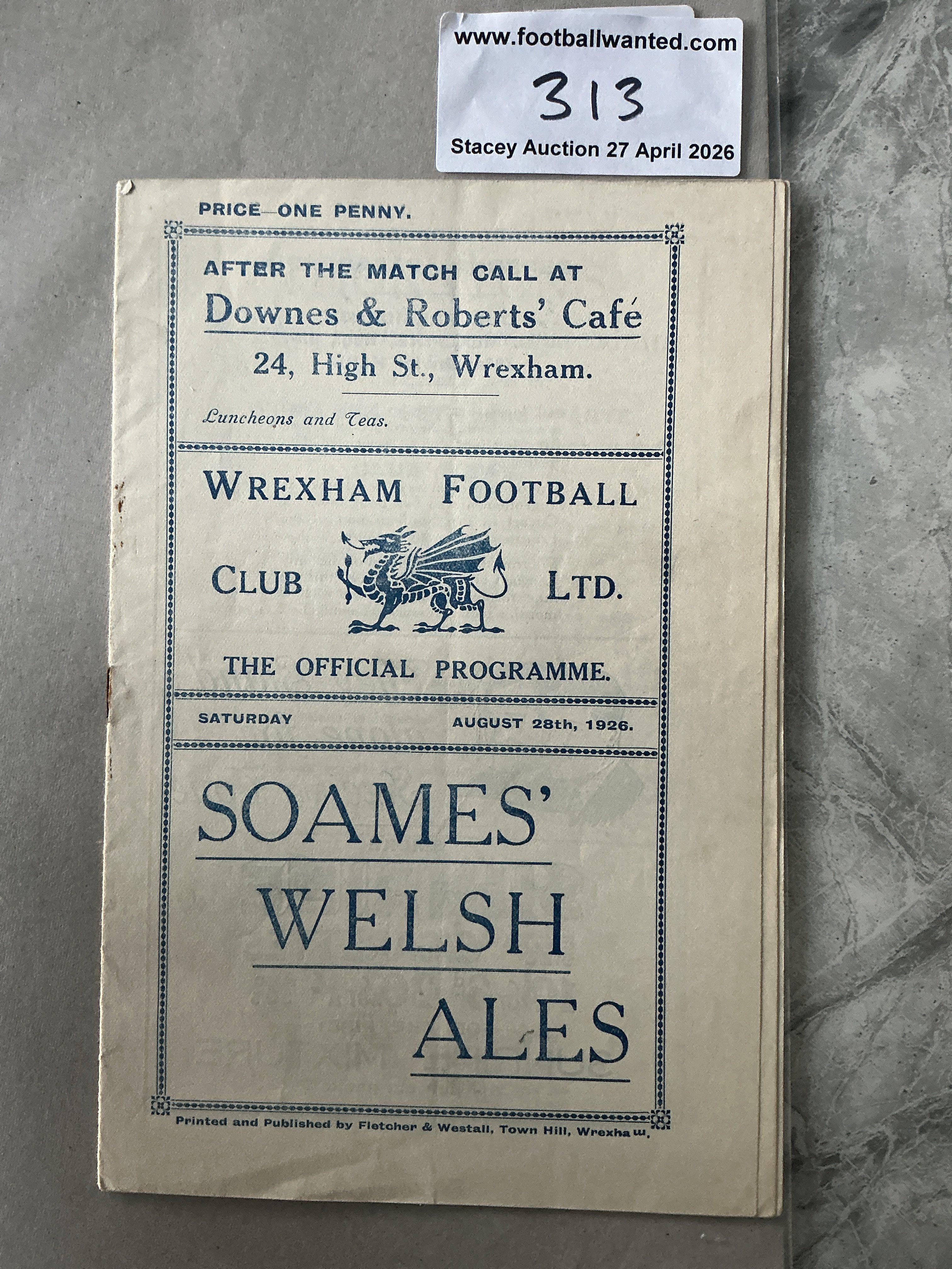 1926 - 1927 Wrexham v Chesterfield Football Programme: Good condition with no team changes. First match of the season 100 years ago. Rare item.