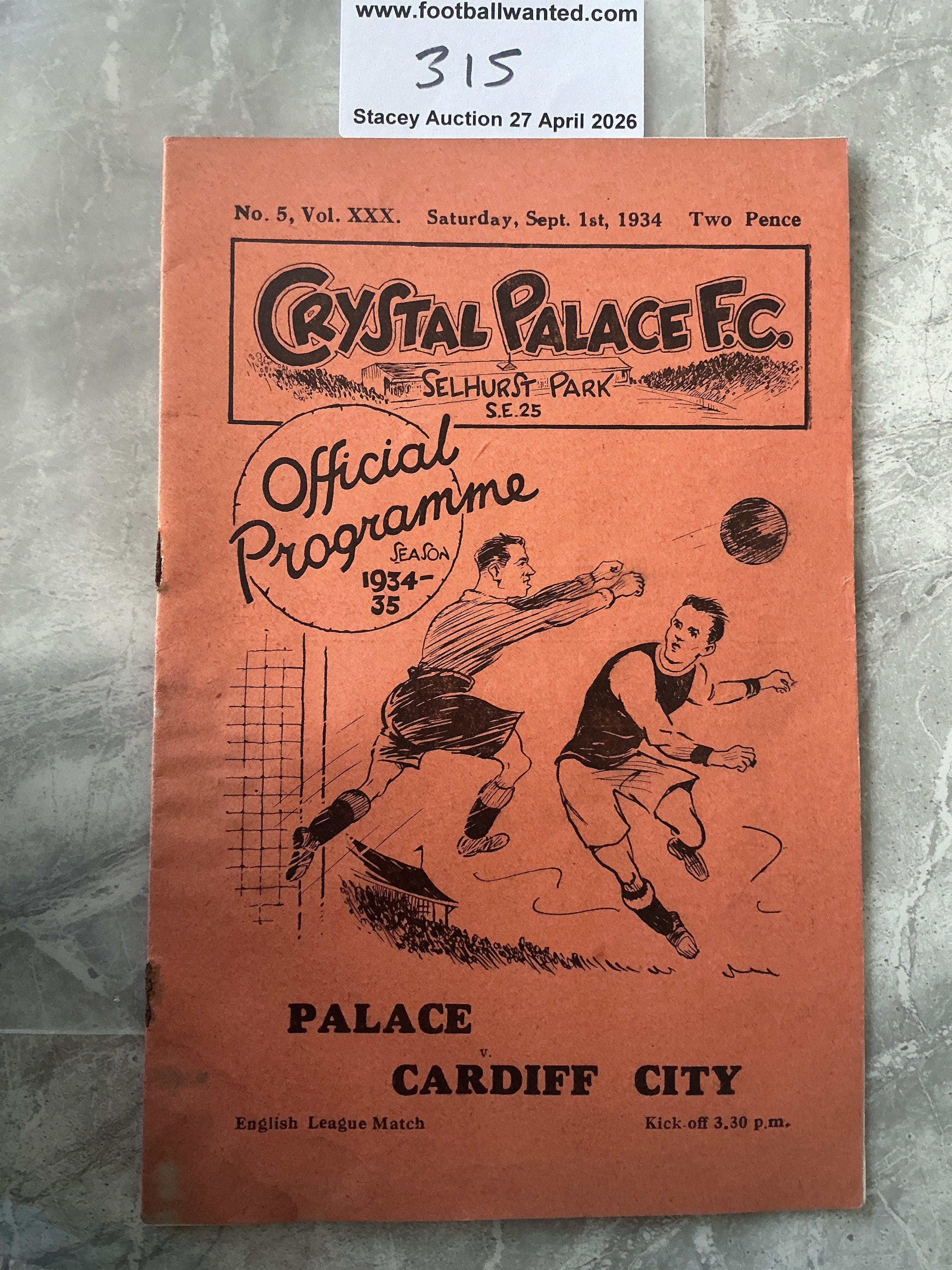 1934 - 1935 Crystal Palace v Cardiff City Football Programme: Fair condition league programme with stain and rusty staple holding firm. Team changes. 