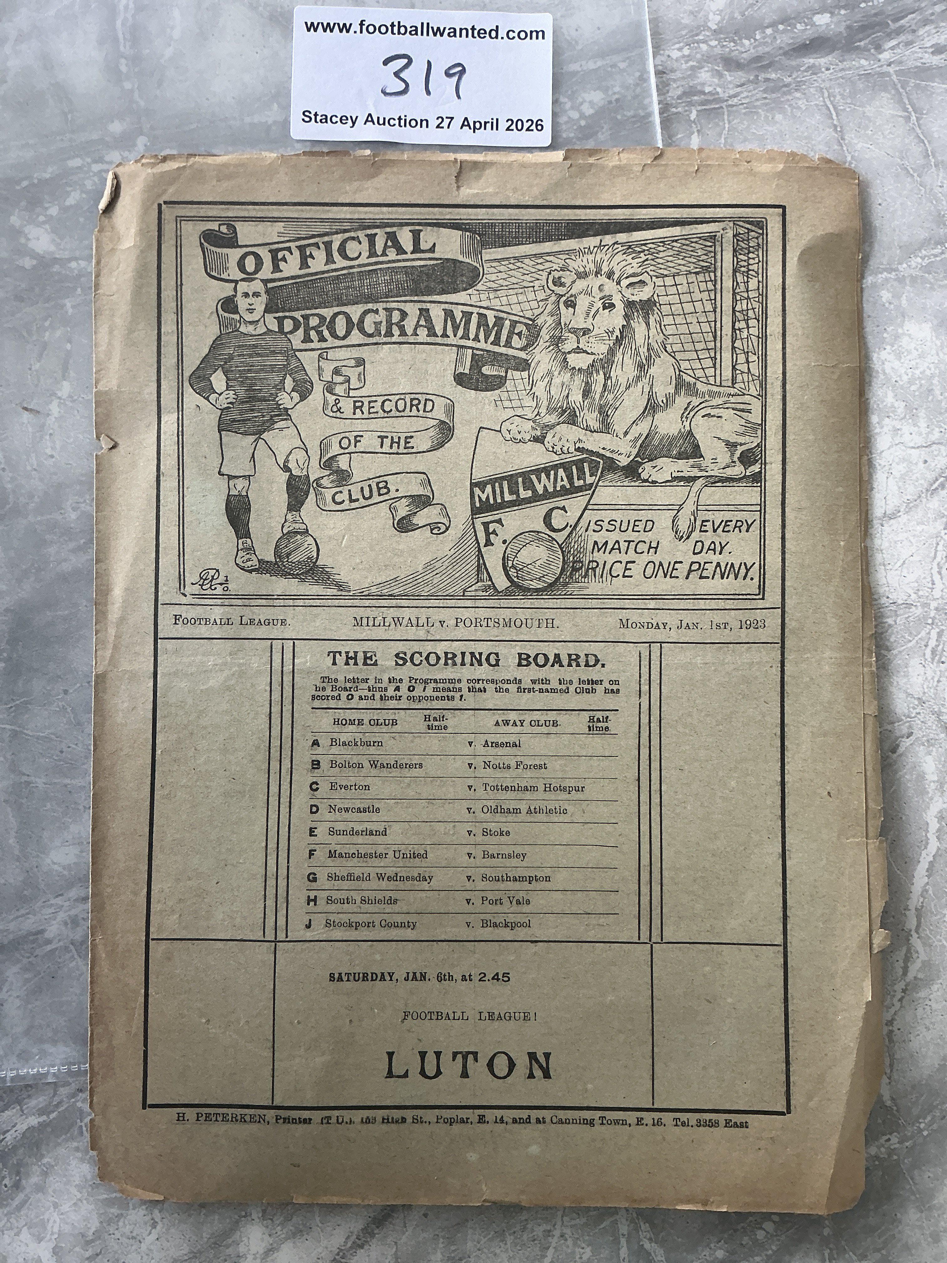 1922 - 1923 Millwall v Portsmouth Football Programme: Fair condition 4 page league programme with score and scorers noted inside. Slightly tatty edges. 
