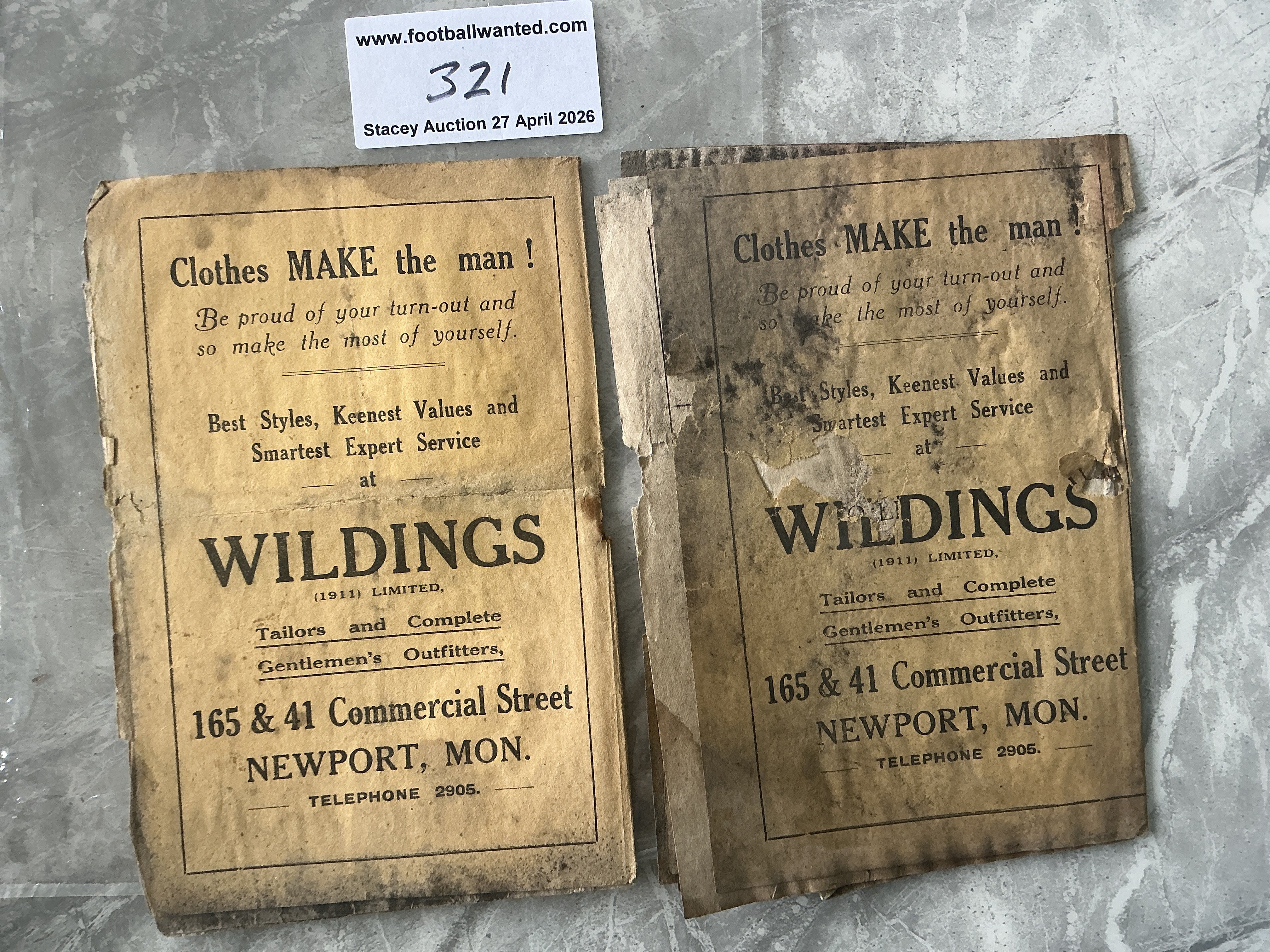 35/36 Newport County Home Football Programmes: Very poor condition programmes with heavy staining throughout. Bournemouth and Cardiff City are  the opponents but you only know by date on cover as centre pages are missing. Instructions to sell. (2)