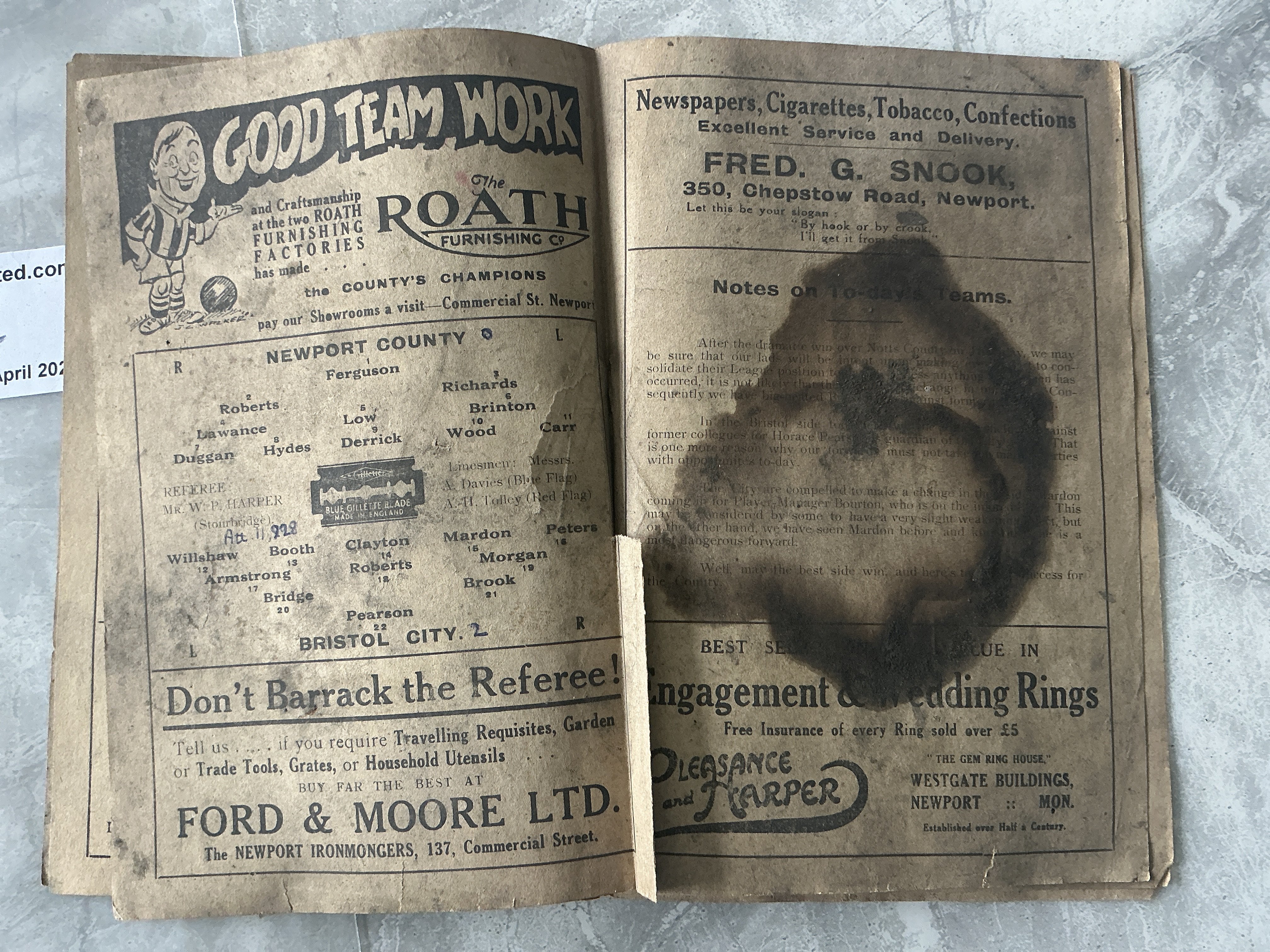 38/39 Newport County Home Football Programmes: Very poor condition programmes with heavy staining throughout. Walsall FA Cup has no centre pages and Bristol City has no covers. Instructions to sell. (2)