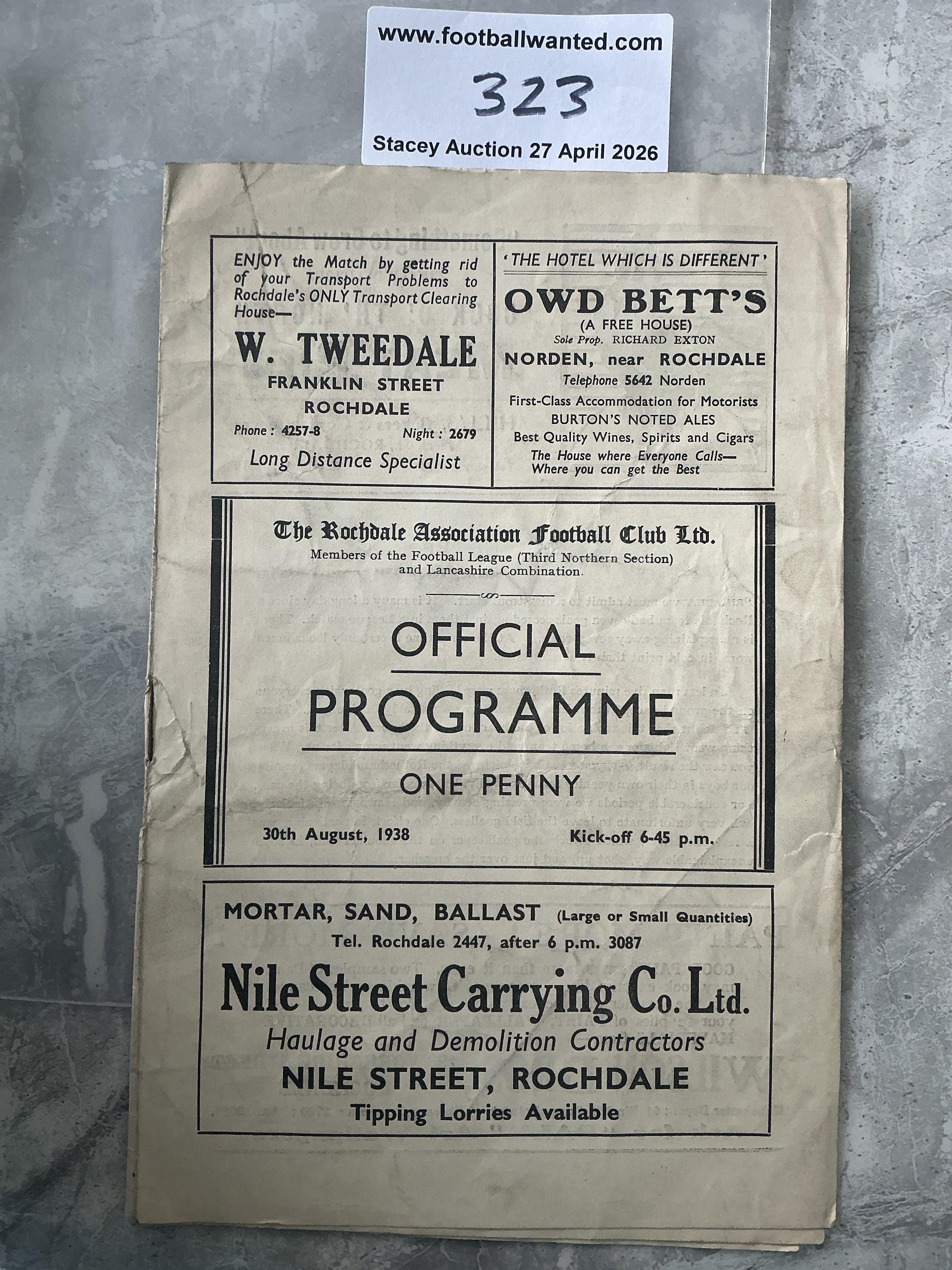 38/39 Rochdale v Carlisle United Football Programme: Couple of tears to border including staple area but overall fair with no team changes. 
