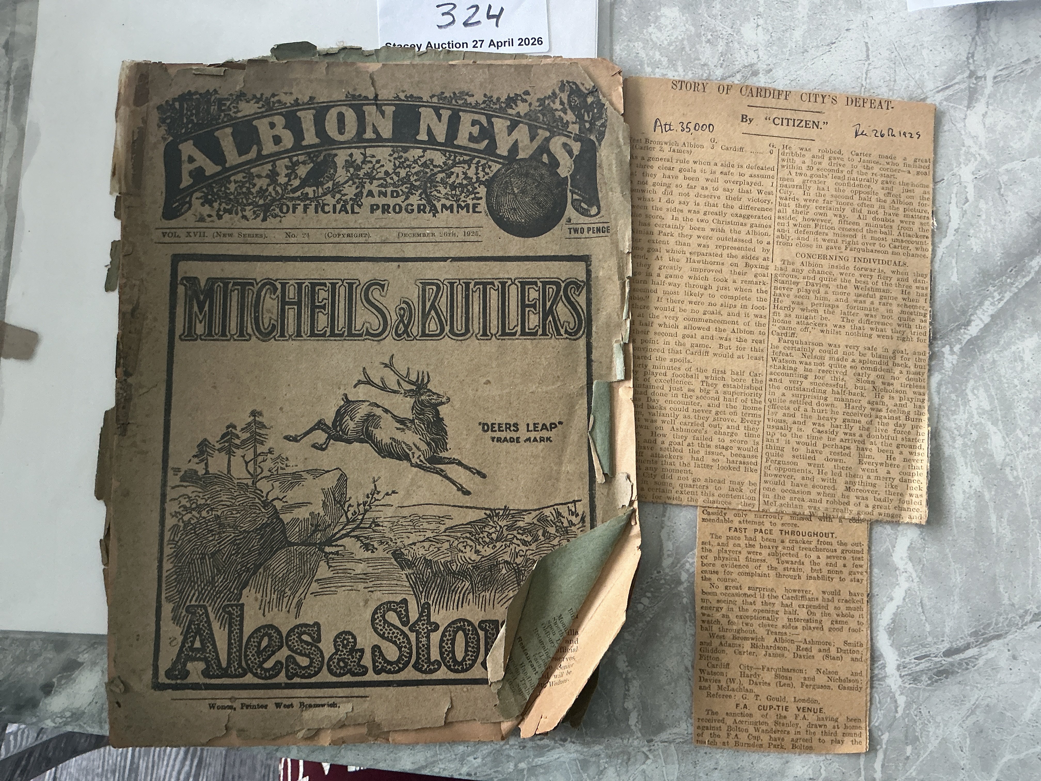 1925 - 1926 West Brom v Cardiff City Football Programme: Very poor condition in need of restoration with damage to all edges which will have minor paper loss where frayed. Instructions to sell and does come with match report.