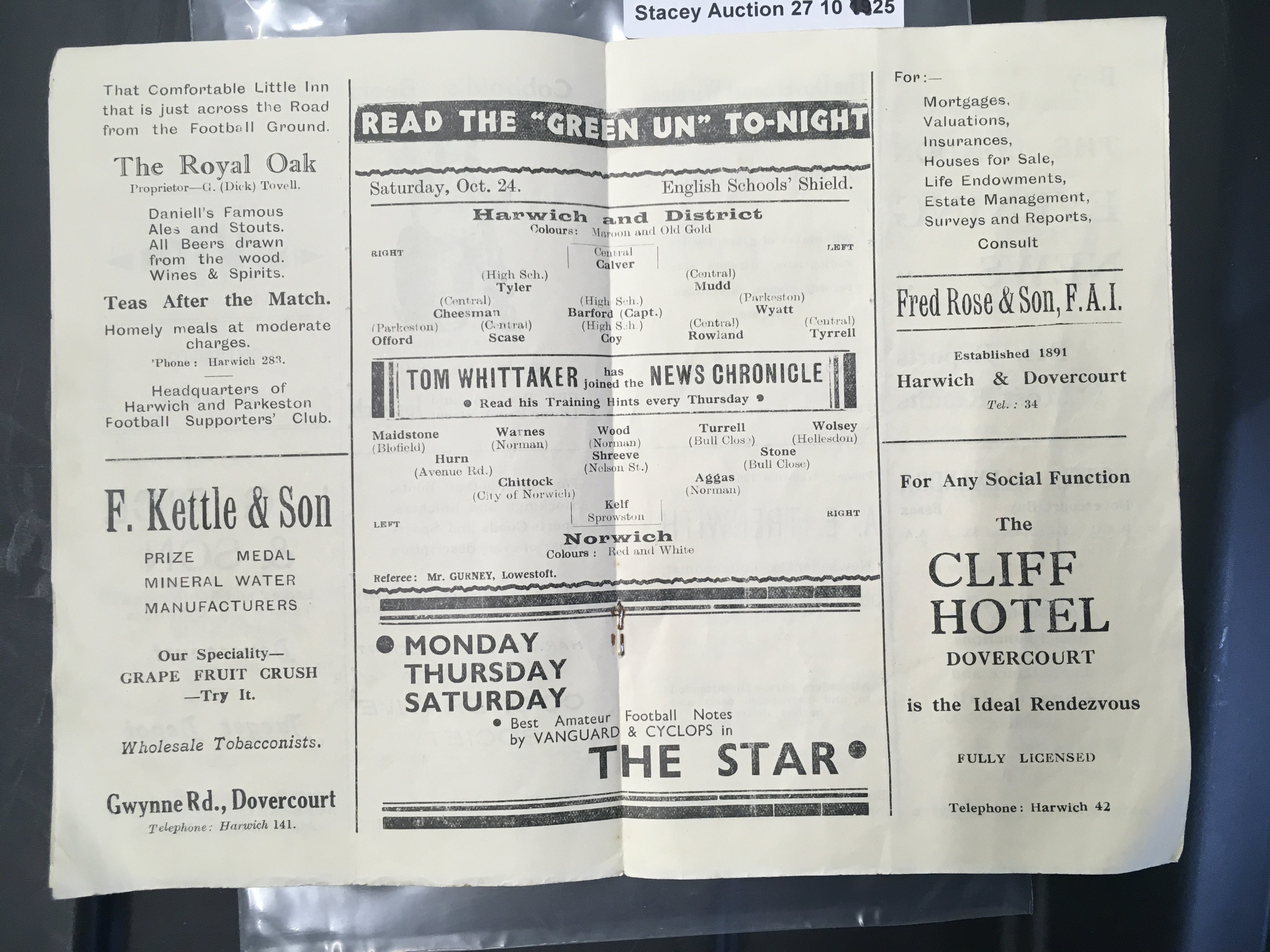 36/37 Harwich + District v Norwich Football Programme: English Schools match in good condition with no team changes. Instructions to sell.