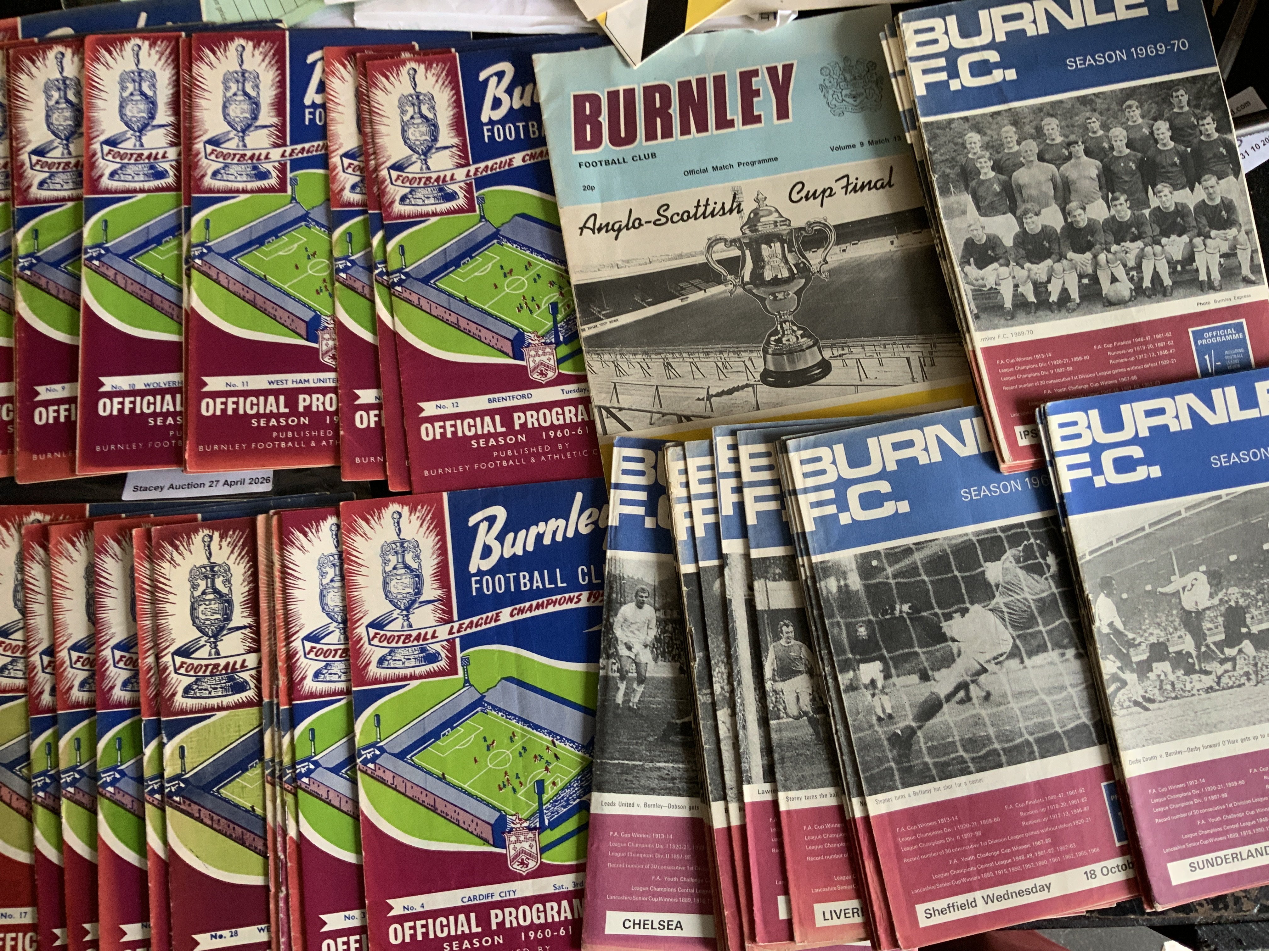 Burnley Home Football Programmes: Over 60 from the 60s to include 60/61 Brentford League Cup x 2, West Ham postponed plus 23 from 69/70 and a 1978 Anglo Scottish Cup final v Oldham. Excellent with instructions to sell. (60)