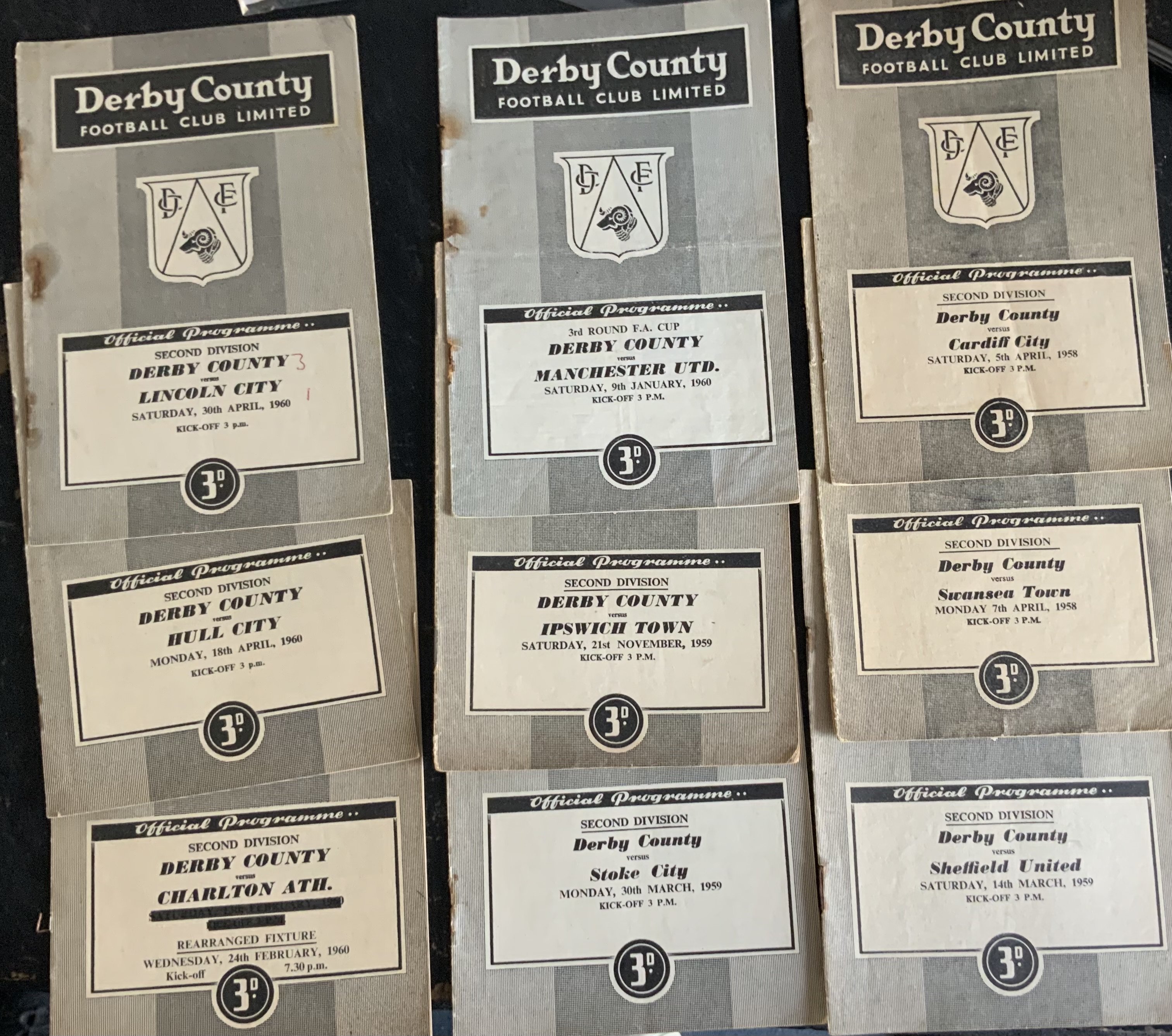 Derby County Home Football Programmes: 9 from the late 50s, 15 from 60/61 to include Barnsley and Norwich League Cup. Fair/good. Instructions to sell. (24)