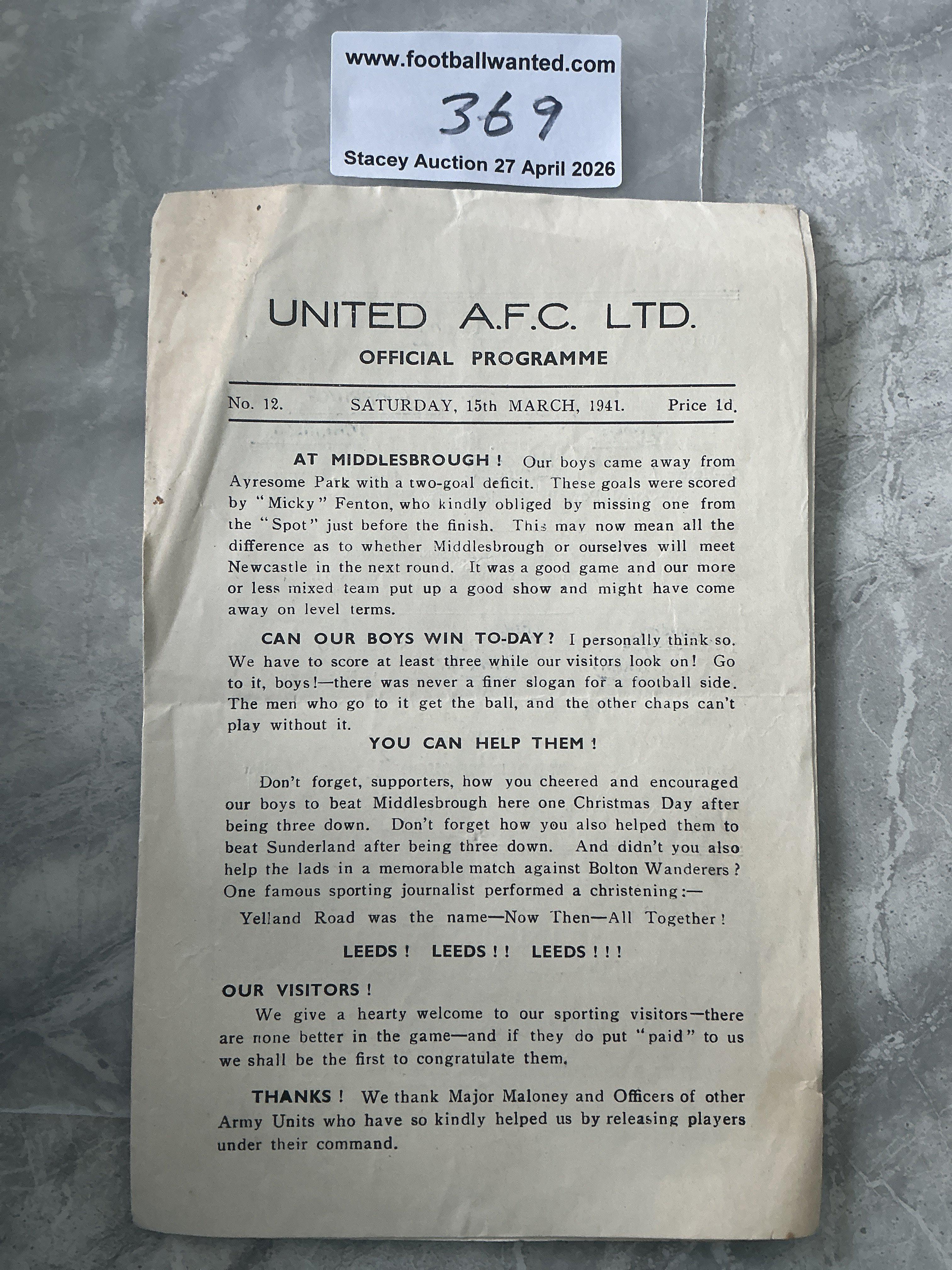 40/41 Leeds United v Middlesbrough Football Programme: Hard to obtain 4 pager with team changes and light creasing. Dated 15 3 1941. 
