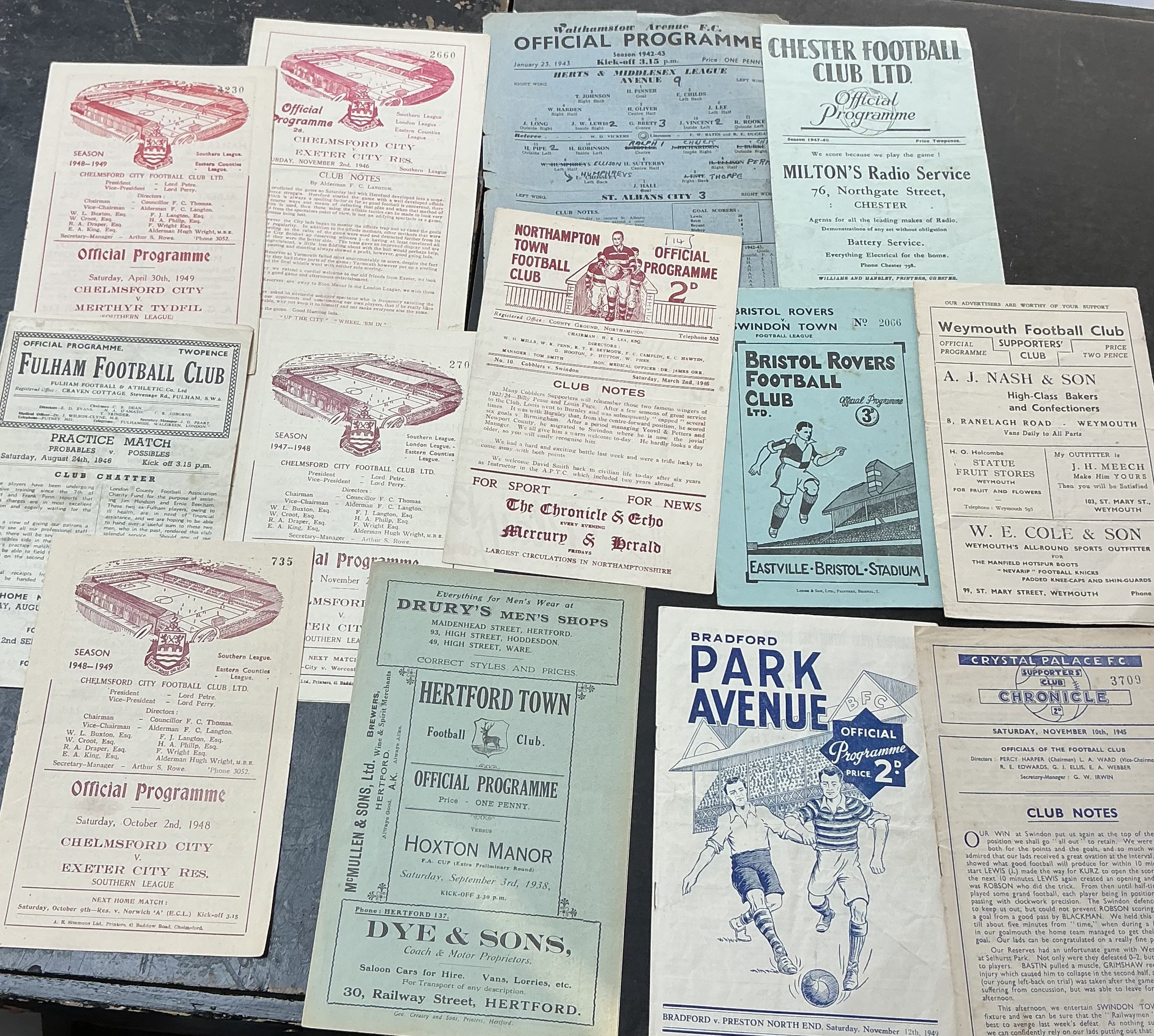 1940s Football Programmes: 42/43 Walthamstow v St Albans, 46/47 47/48 + 48/49 Chelmsford v Exeter Reserves, 49/50 Bradford Park Avenue v Preston, 47/48 Weymouth v Poole, Yeovil v Exeter Reserves, Colchester v Huddersfield FA Cup, 45/46 Northampton v Swindon, 45/46 Crystal Pace v Swindon, 1946 Fulham Practice Match. Additionally there are some early 50s to include 56/57 Headington v All Stars, 52/53 Bury Practice Match, West Ham, Leeds, Huddersfield, Doncaster homes and more. (32)