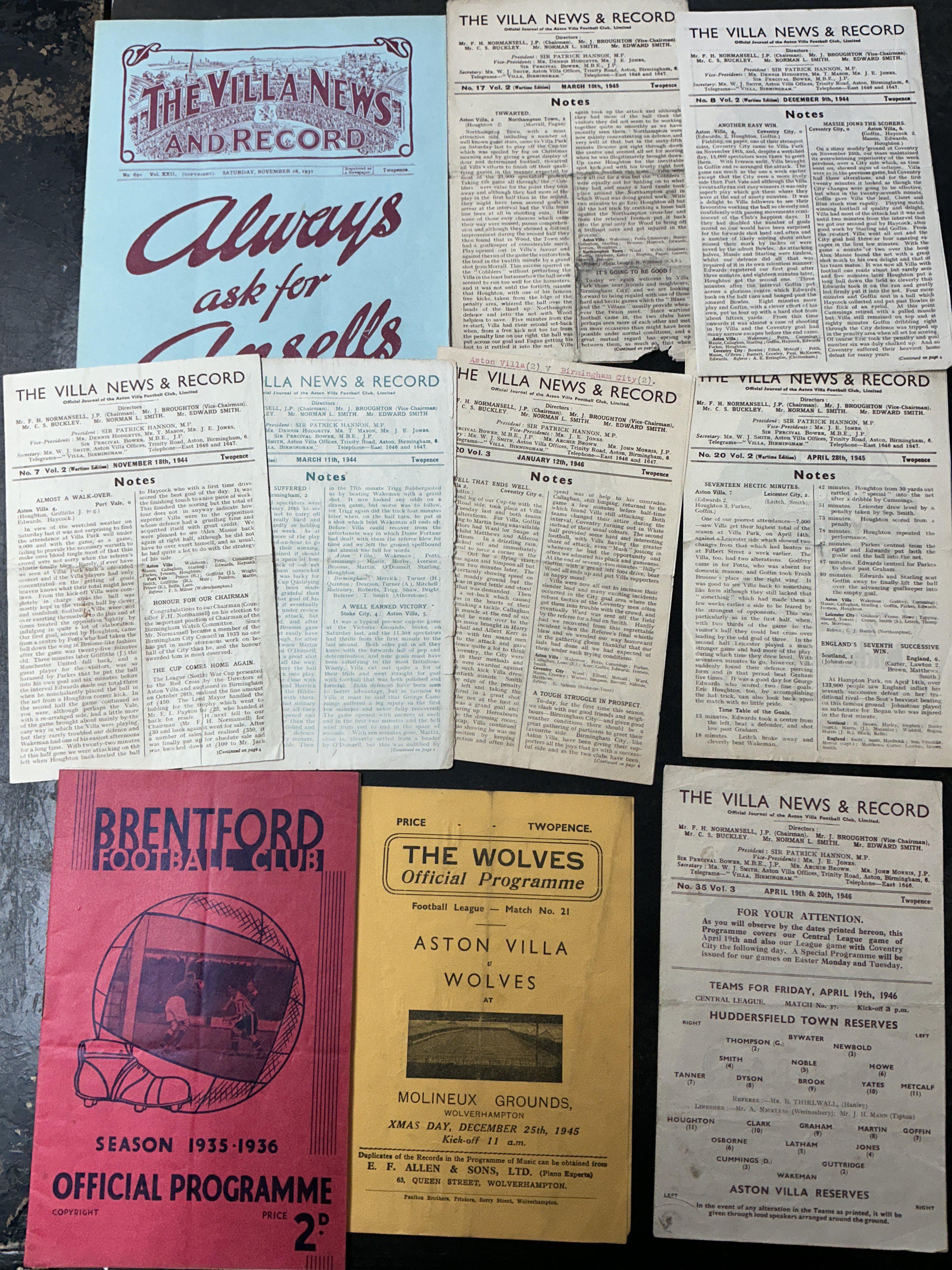 Aston Villa Football Programmes: Includes homes v 31/32 Blackpool reserves, 43/44 Stoke, 44/45 Coventry, Leicester, Birmingham, Stoke, 45/46 Coventry, Birmingham. Aways at 45/46 Wolves + 35/36 Brentford. Mainly good. (10)