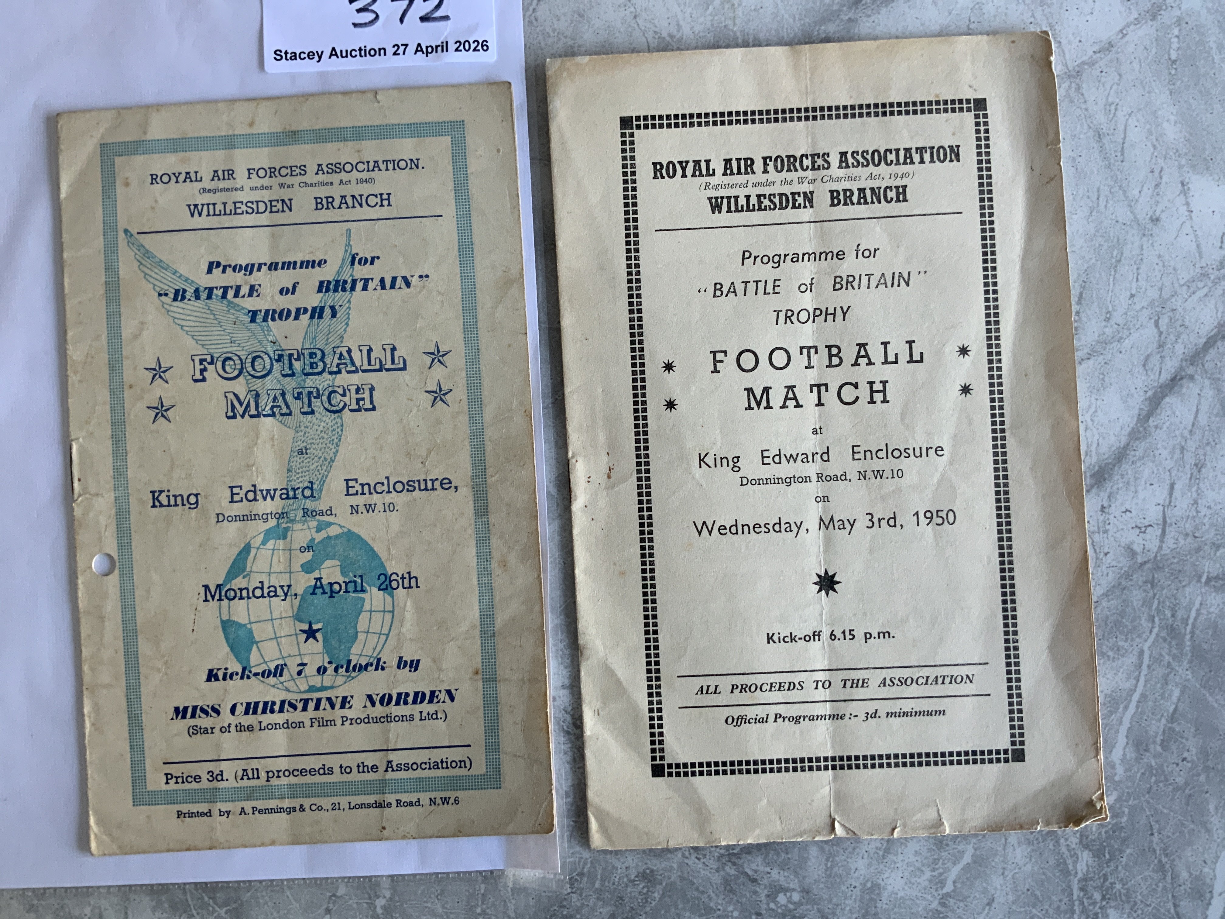 49/50 Brentford v Fulham Battle Of Britain Football Programmes: Both played at Willesden. Match dated 3 5 1950 is fair with fold and small tear. Match played 26 4 1950 has a punch hole. (2)