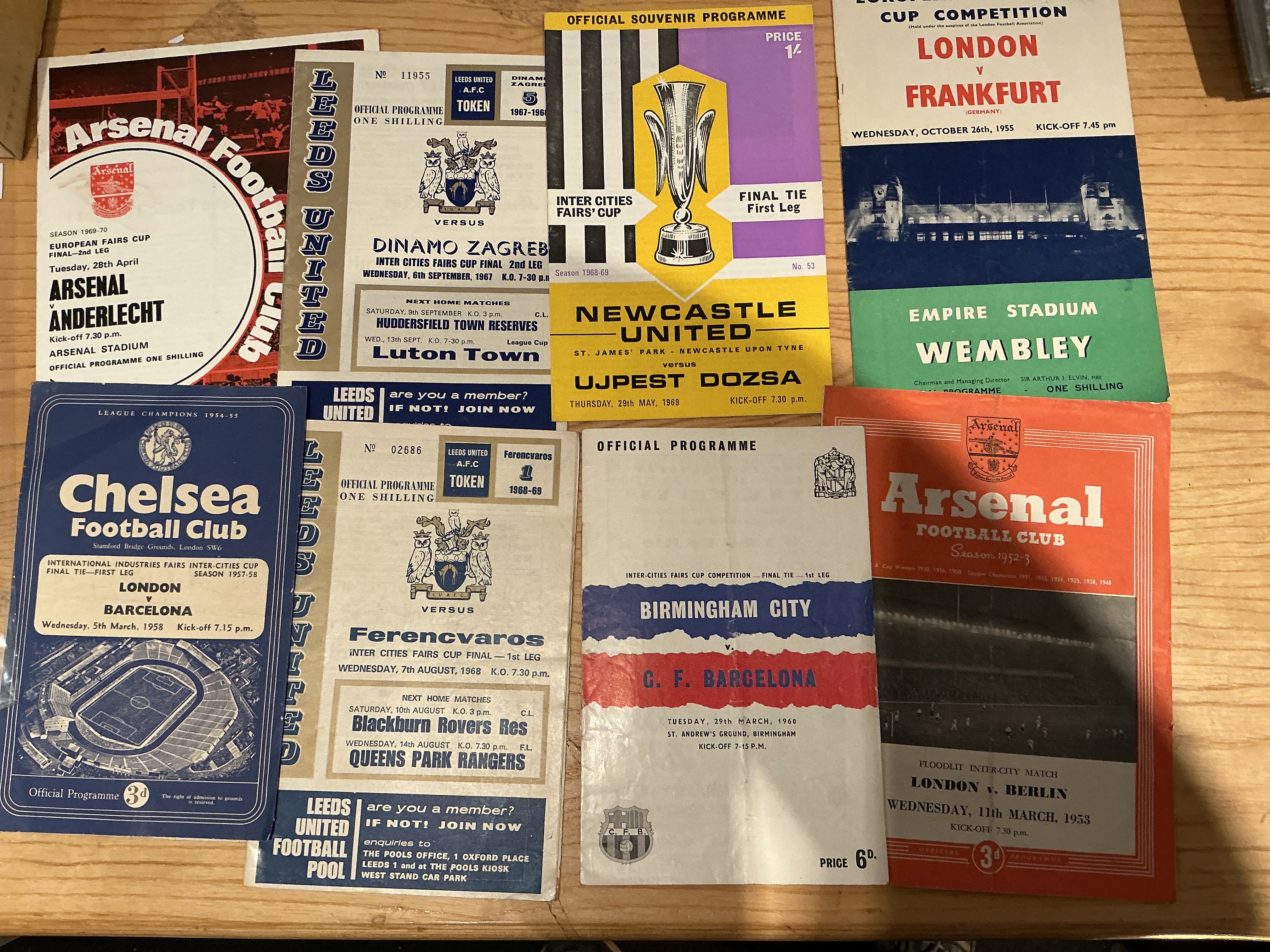 Inter City Finals Football Programmes Collection: Seven programmes from 1955 onwards. Featuring London v Frankfurt Birmingham v Barcelona Leeds v Ferencvaros and Dinamo Zagreb and more. Comes with London v Berlin at Highbury from 1953. Instructions to sell (8)