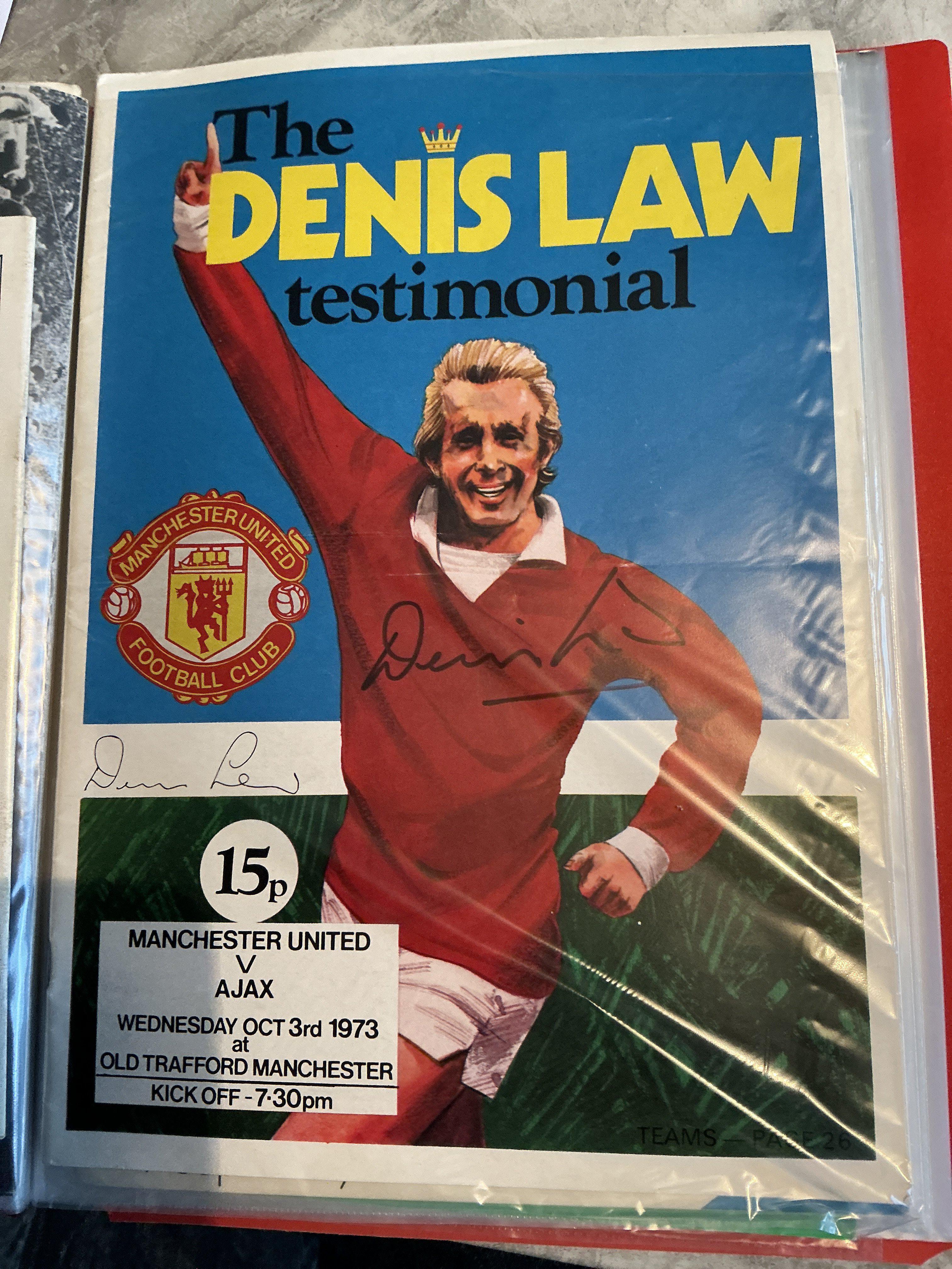 Manchester United Testimonial Football Programmes: Folder contains programmes of testimonials for Albiston Robson Ferdinand Buchan Macari Stepney Crerand Charlton Dunne Oakes McIlroy Moran Pardoe and an hand signed Denis Law. Instructions to sell. (15)