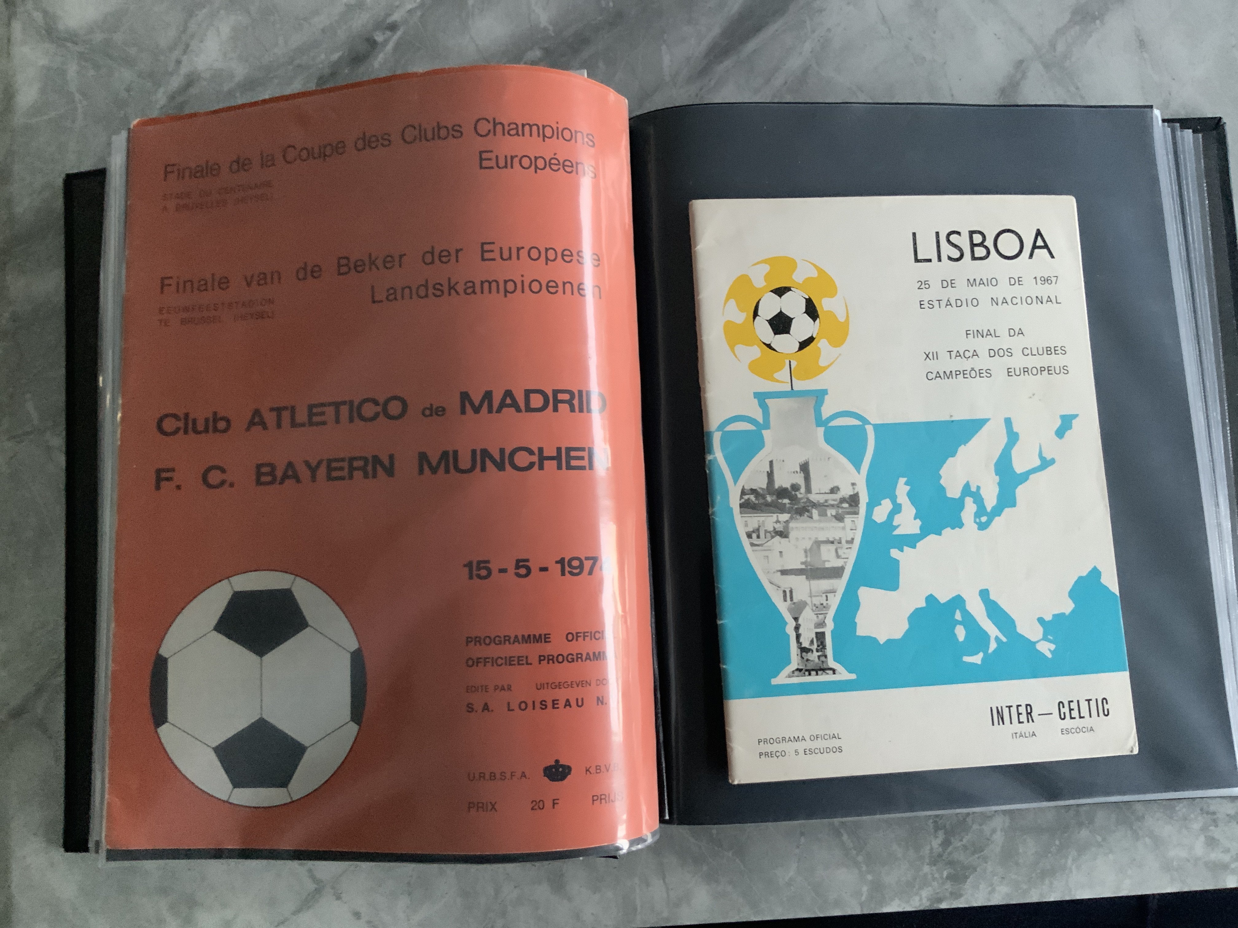 European Cup Final Football Programmes: Folder containing private collection to include 1959 1960 1961 1962 1964 1966 1967 1969 1974 1985. ECWC finals 1961 1962 1966 1968 1983 1984 1989. Fairs Cup finals 1960 1961 both at Birmingham. There are a few semi finals to include 1966 Celtic v Liverpool both legs ECWC. World Club Championship finals 1960 Penarol v Real Madrid, 1967 Racing Club v Celtic both legs. All programmes are good except 1965 Inter Milan v Rangers. Some hard to obtain programmes included. Must view. 