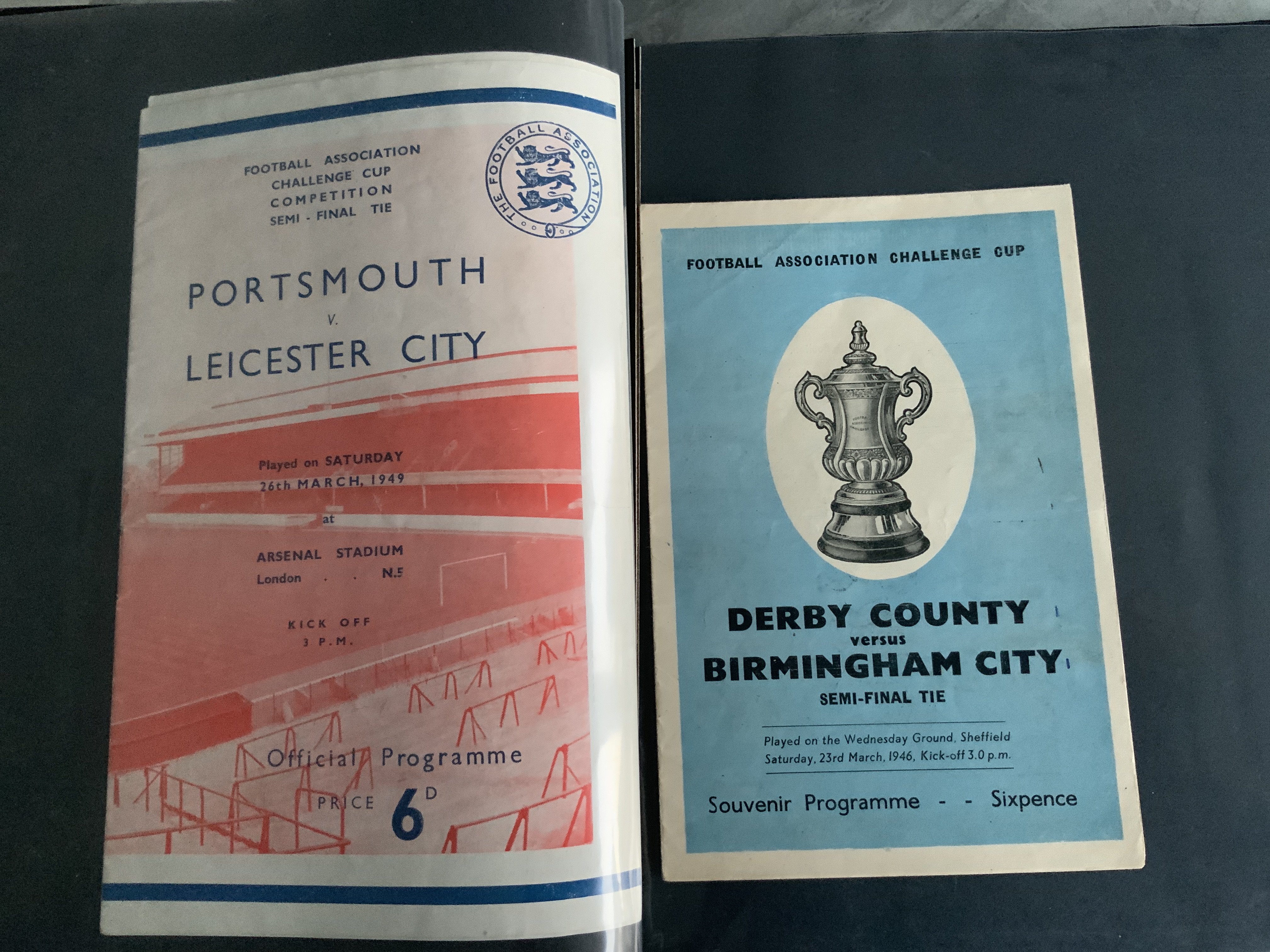 FA Cup Semi Final Football Programmes: From 1946 to 1961 in collectors folder to include 1949 Portsmouth v Leicester, 1949 Wolves v Manchester United + replay, 1950 Everton v Liverpool, 1951 Birmingham v Blackpool + replay, Newcastle v Wolves. Very good condition. (26)