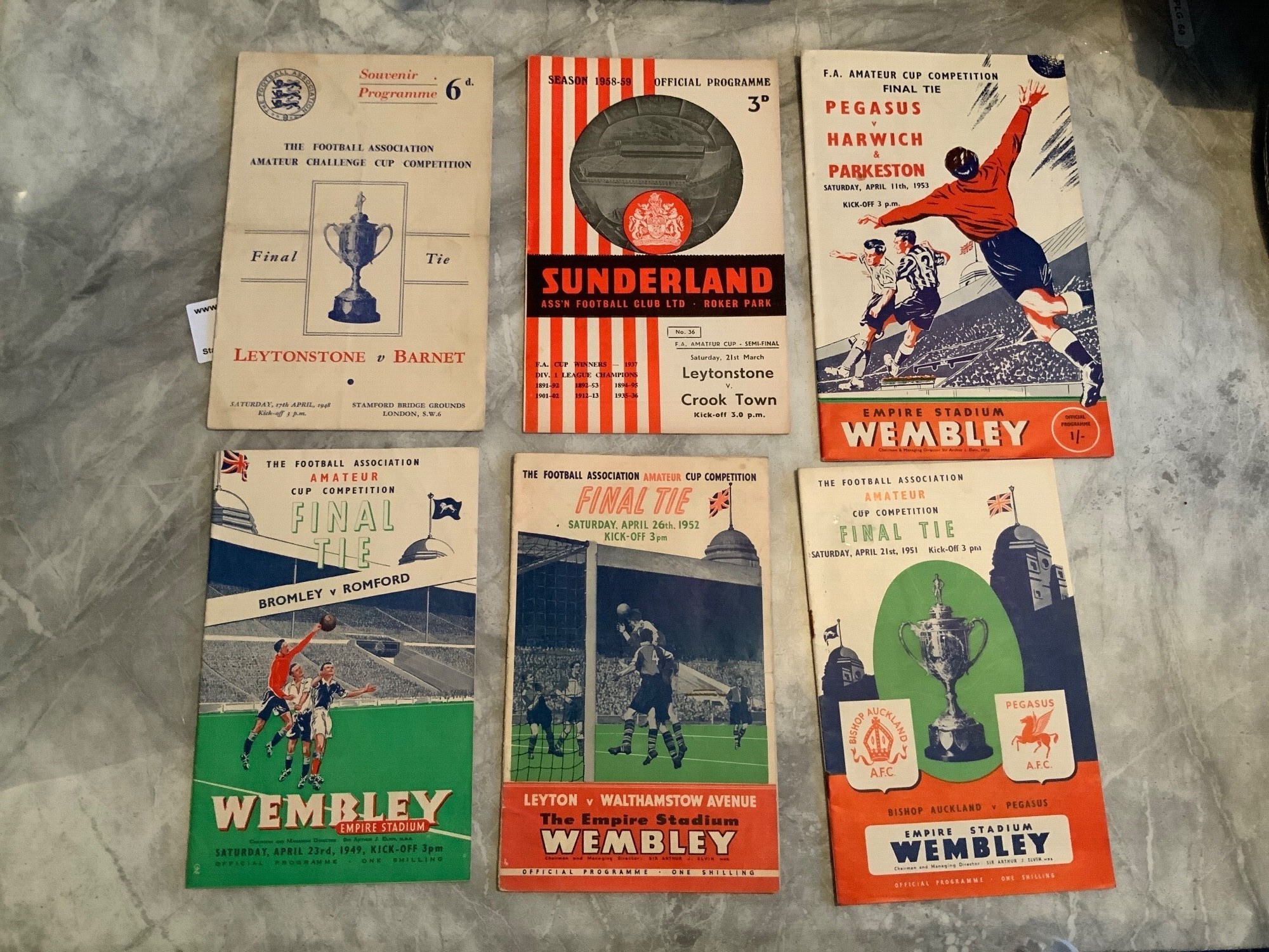 Amateur Cup Final Football Programmes: 1948 at Chelsea, 1950 - 1953 inclusive. C/W 1959 semi final at Sunderland. Excellent. (6)