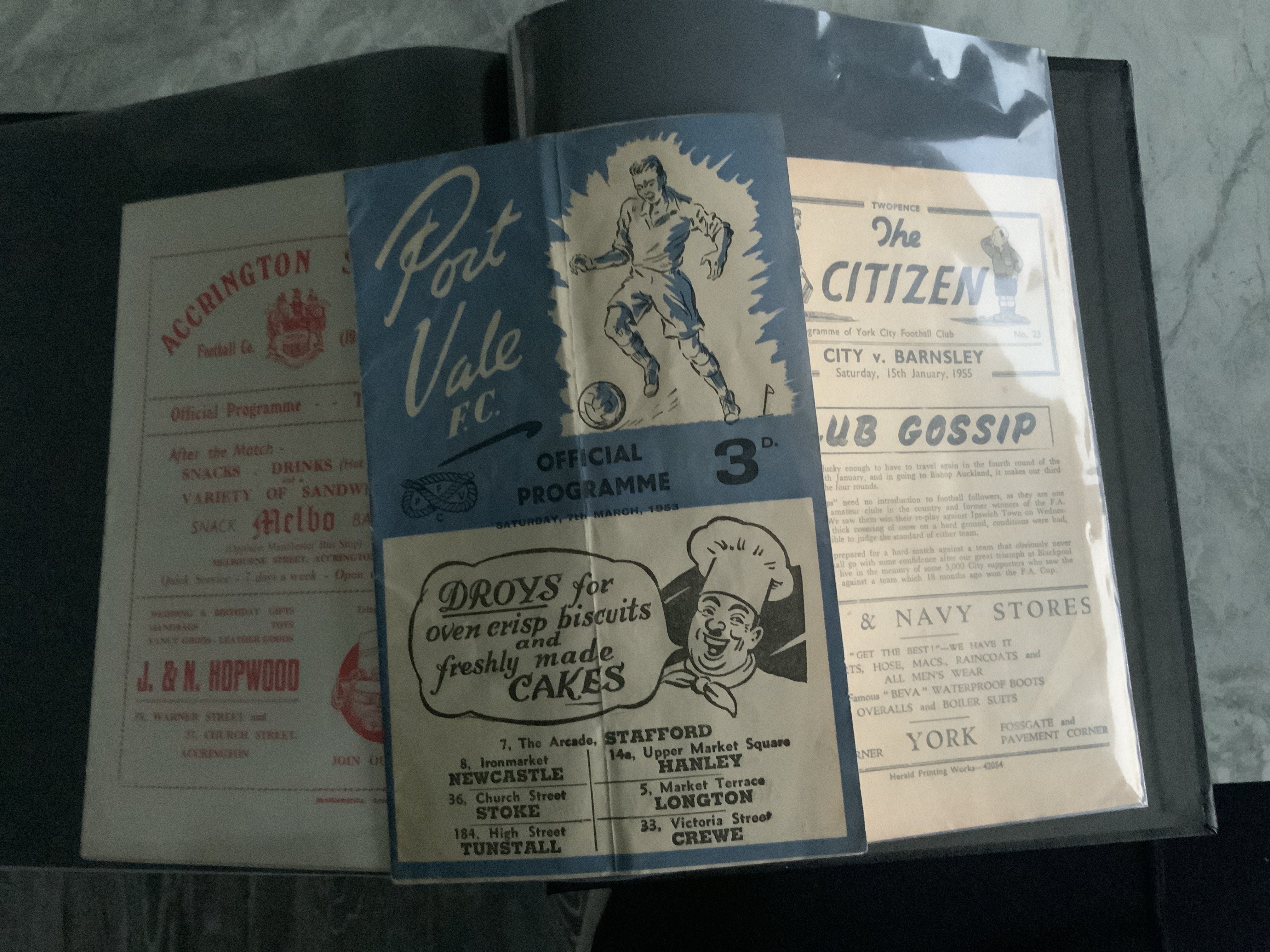 1950s Under 23s + Ex League Football Programmes: Folder containing England U23s, Amateur, B Internationals at 51 Chesterfield, 55 Sheffield Wednesday, 56 Bristol City, Sunderland, 58 Norwich, Bournemouth, Sheffield Wednesday, 59 Ipswich and a few 60s. C/W some 50s + 60s programmes of Ex League clubs including New Brighton, Accrington, Gateshead, Barrow and particularly Workington. Interesting. (29)