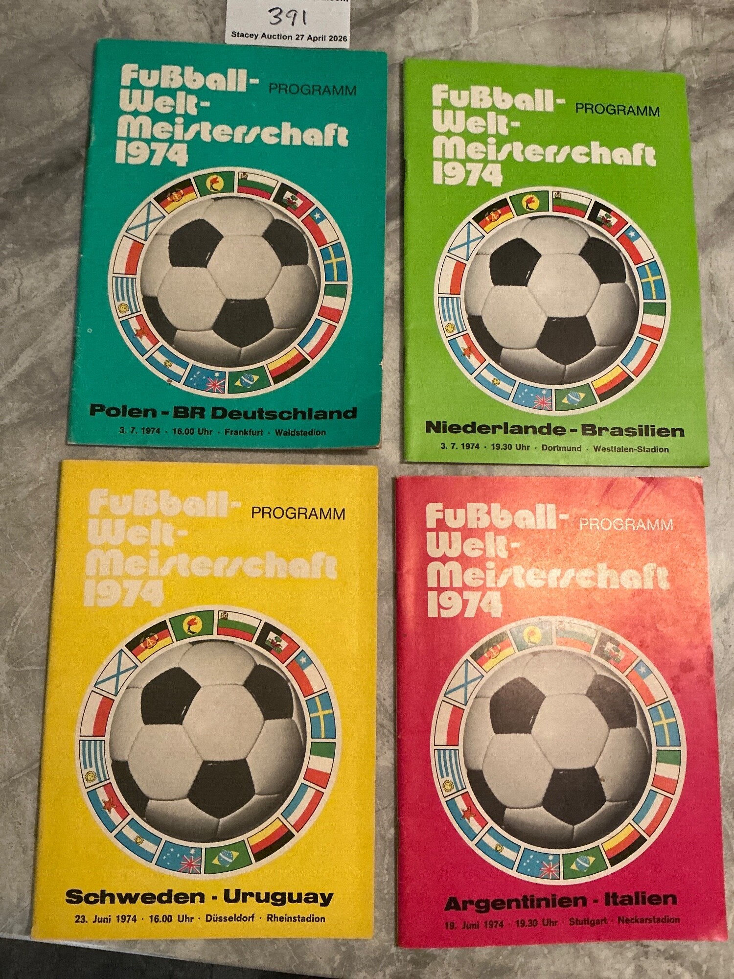 1974 World Cup Football Programmes: Poland v West Germany, Holland v Brazil, Sweden v Uruguay, Argentina v Italy all excellent with no team changes. (4)