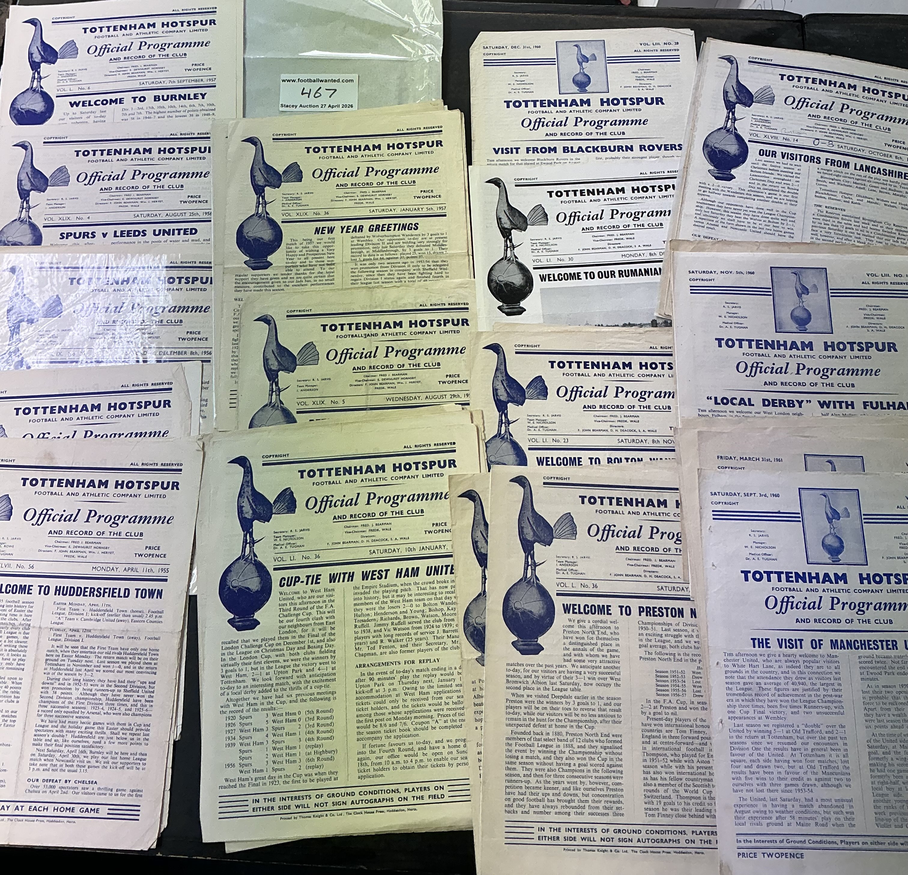 1950s Tottenham Home Football Programmes: Good condition from mid to late 50s. 1st team homes to include 9 from the 60/61 double season. (40)