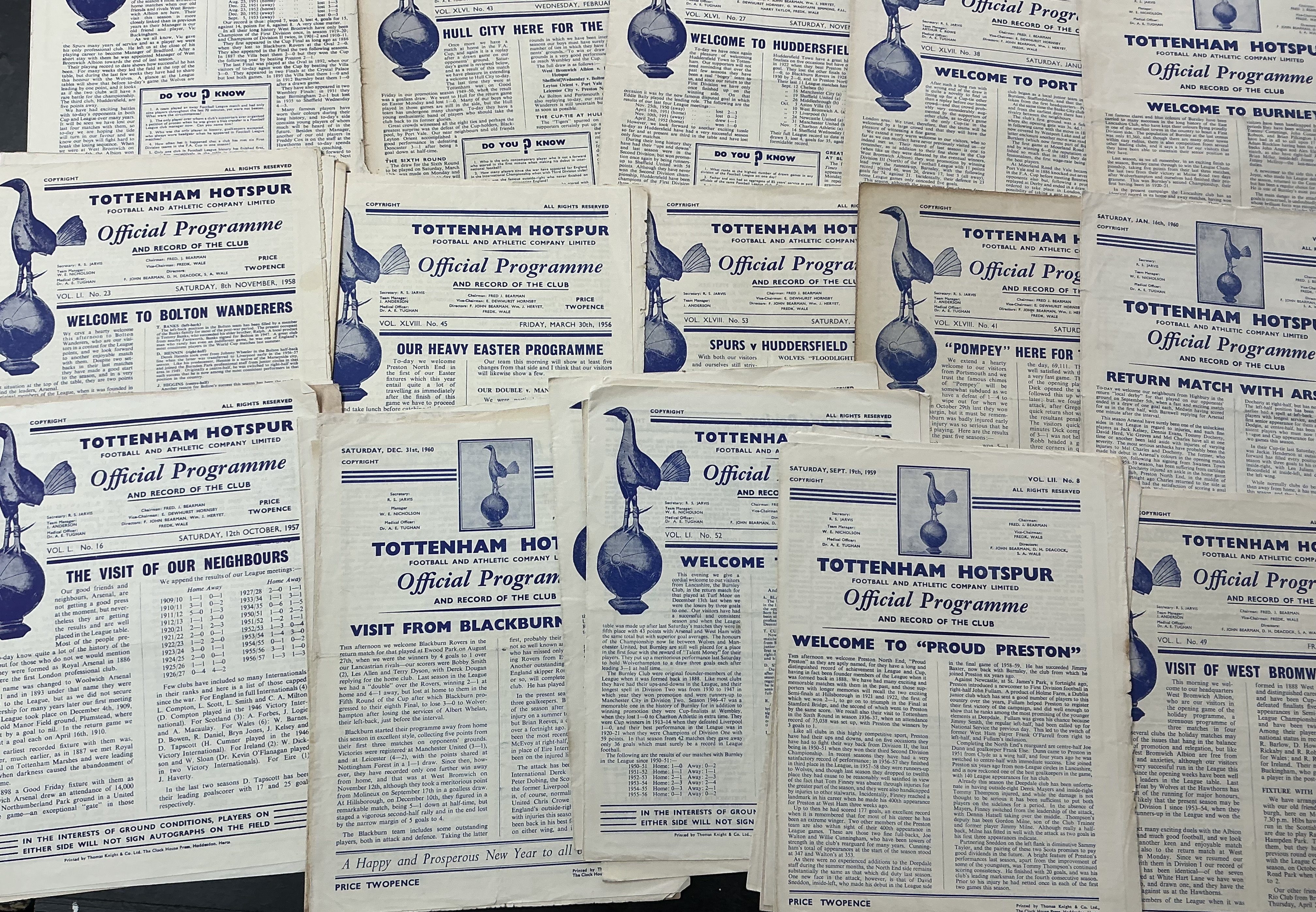 1950s Tottenham Home Football Programmes: Good condition from 53/54 onwards. 1st team homes to include 6 from the 60/61 double season. (40)