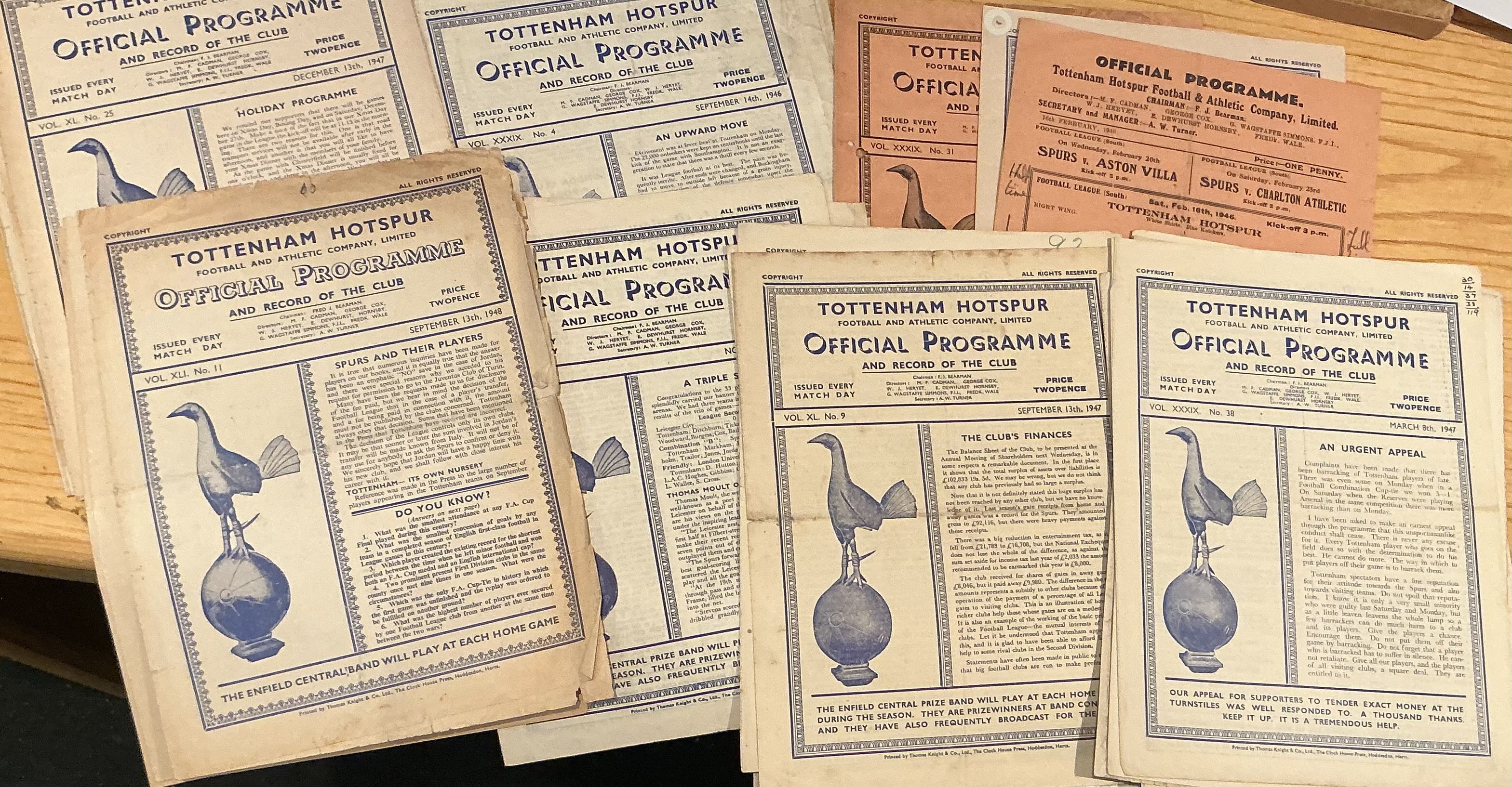 Tottenham 1940s home football programmes: Comprise 15 x 1946/7, 12 x 1947/8, 12 x 1948/9, 7 x 1949/50. 46 issues in total. 