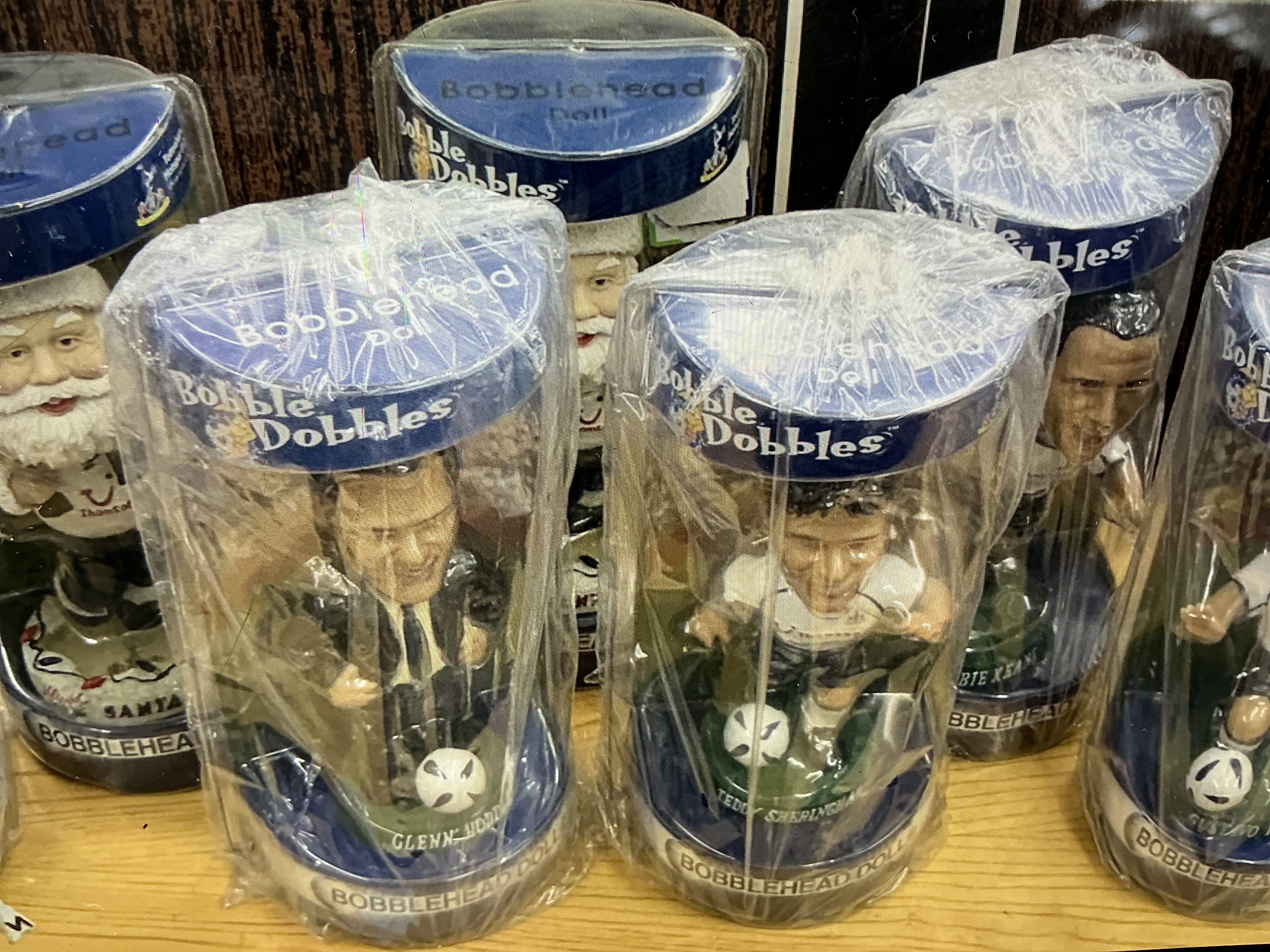 Tottenham Bobble Heads Football Figures: Large figures in sealed boxed measuring 10 inches high. Includes Ledley King, Redknapp, Keane, Sheringham, Hoddle, Davies and 2 Santas. (9)