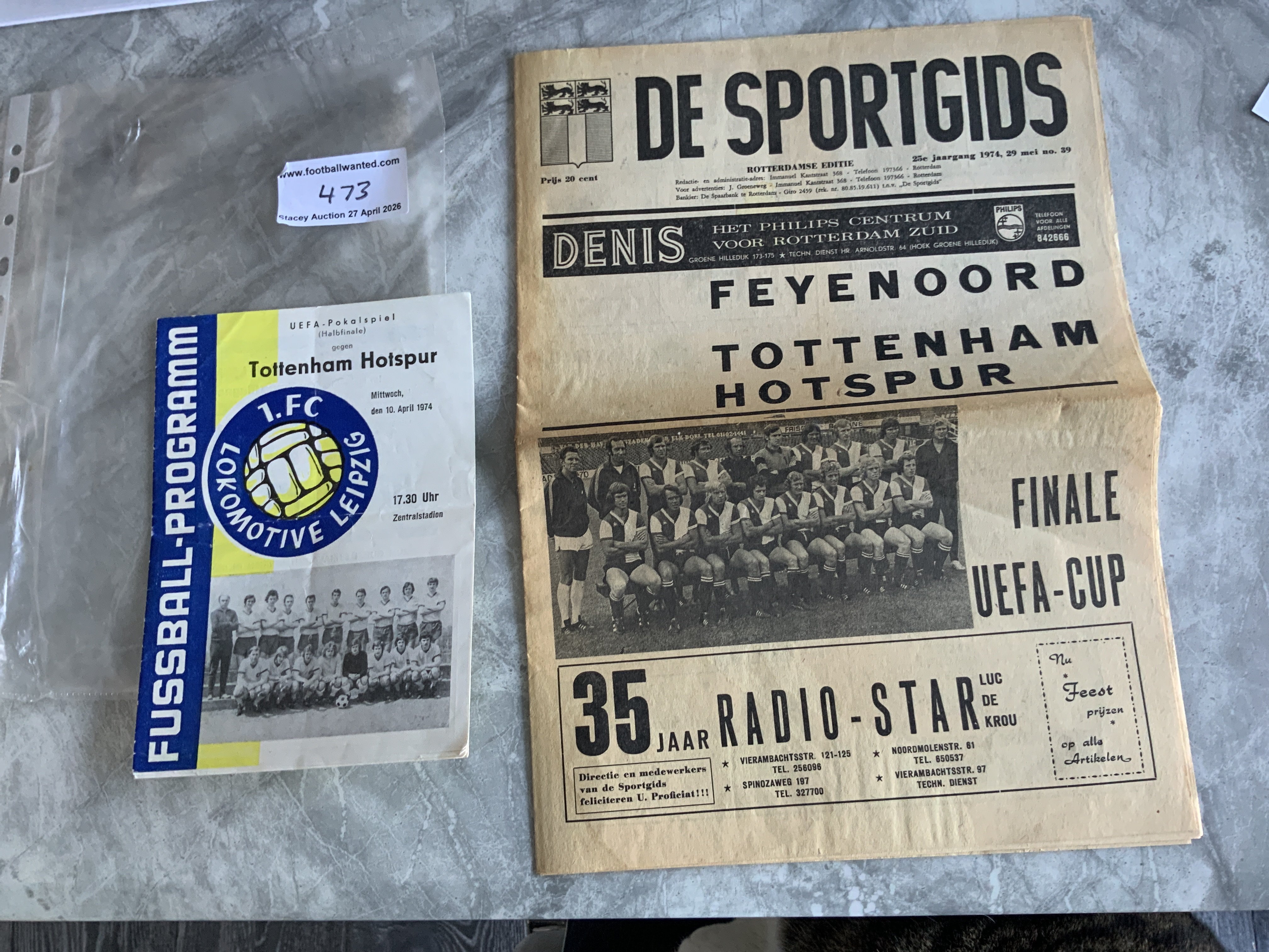 1974 Tottenham Away UEFA Cup Football Programmes: Harder to obtain final De Sportgids newspaper style programme v Feyenoord in good condition with no team changes. C/W away programme at Leipzig with fold. (2)