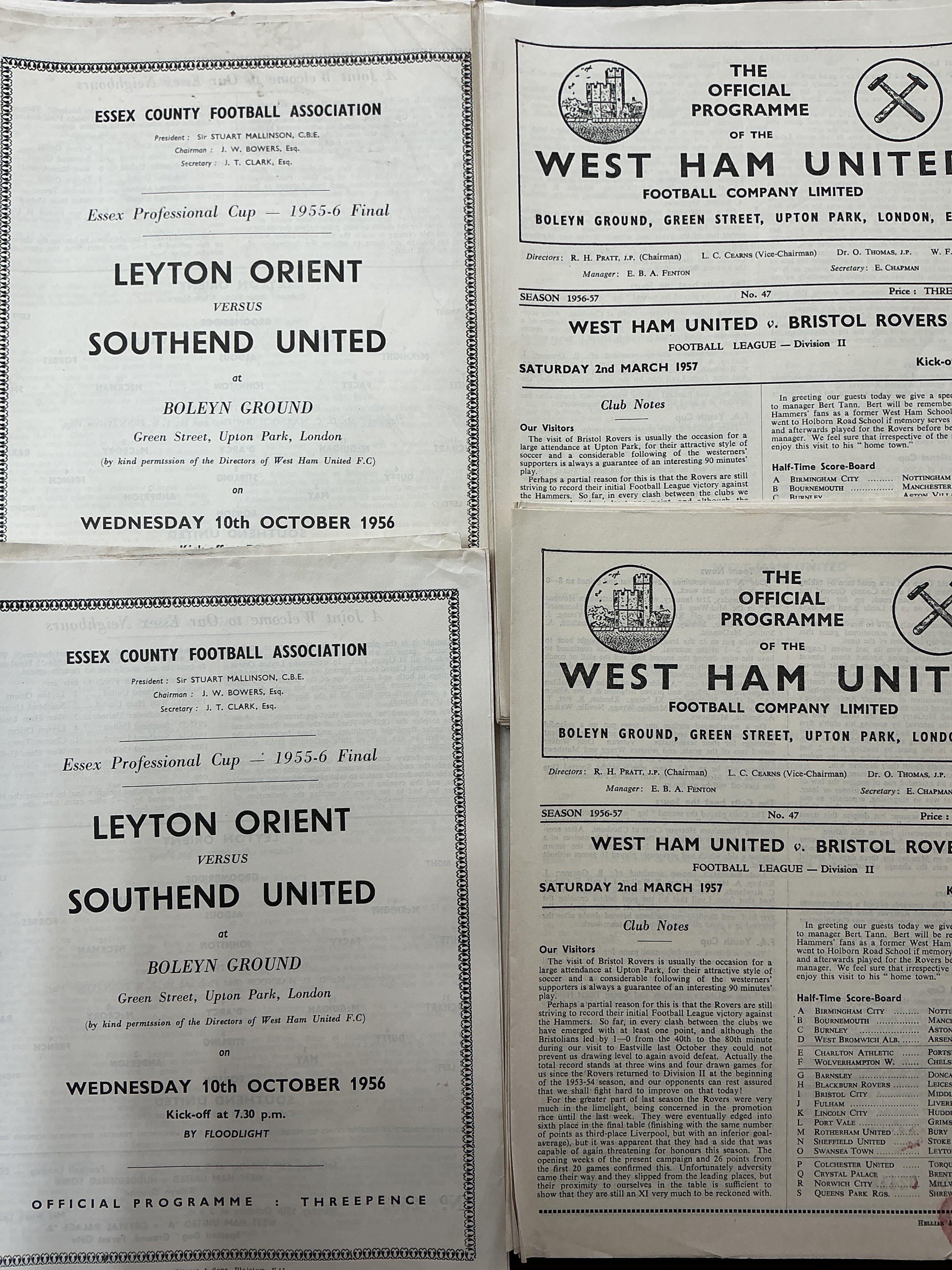 56/57 West Ham Football Programmes: 20 of the home match v Bristol Rovers and 20 of the Essex Professional Cup Finals Leyton Orient v Southend at Upton Park. Very good. (40)