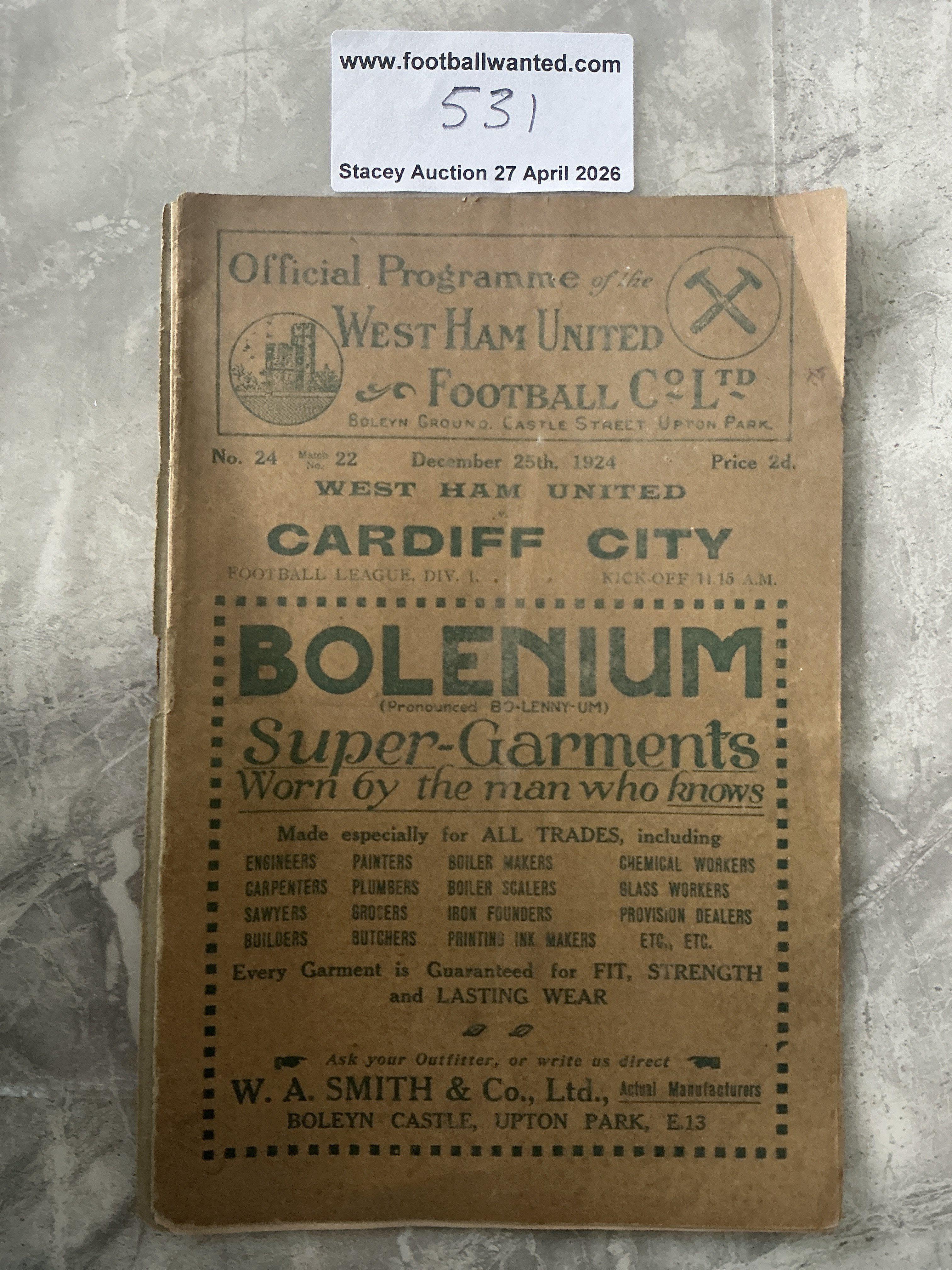 1924 - 1925 West Ham v Cardiff City Football Programme: The spine is completely split. Writing to team page. Nice advert inside for Charlie Paynters sports shop.
