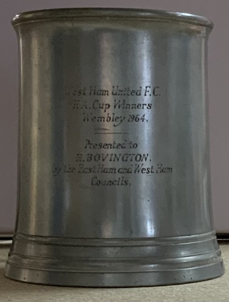 West Ham Eddie Bovington Football Tankard: Awarded to player at the civic receptions to honour West Hams first FA Cup success. Rare item believed to be pewter. 