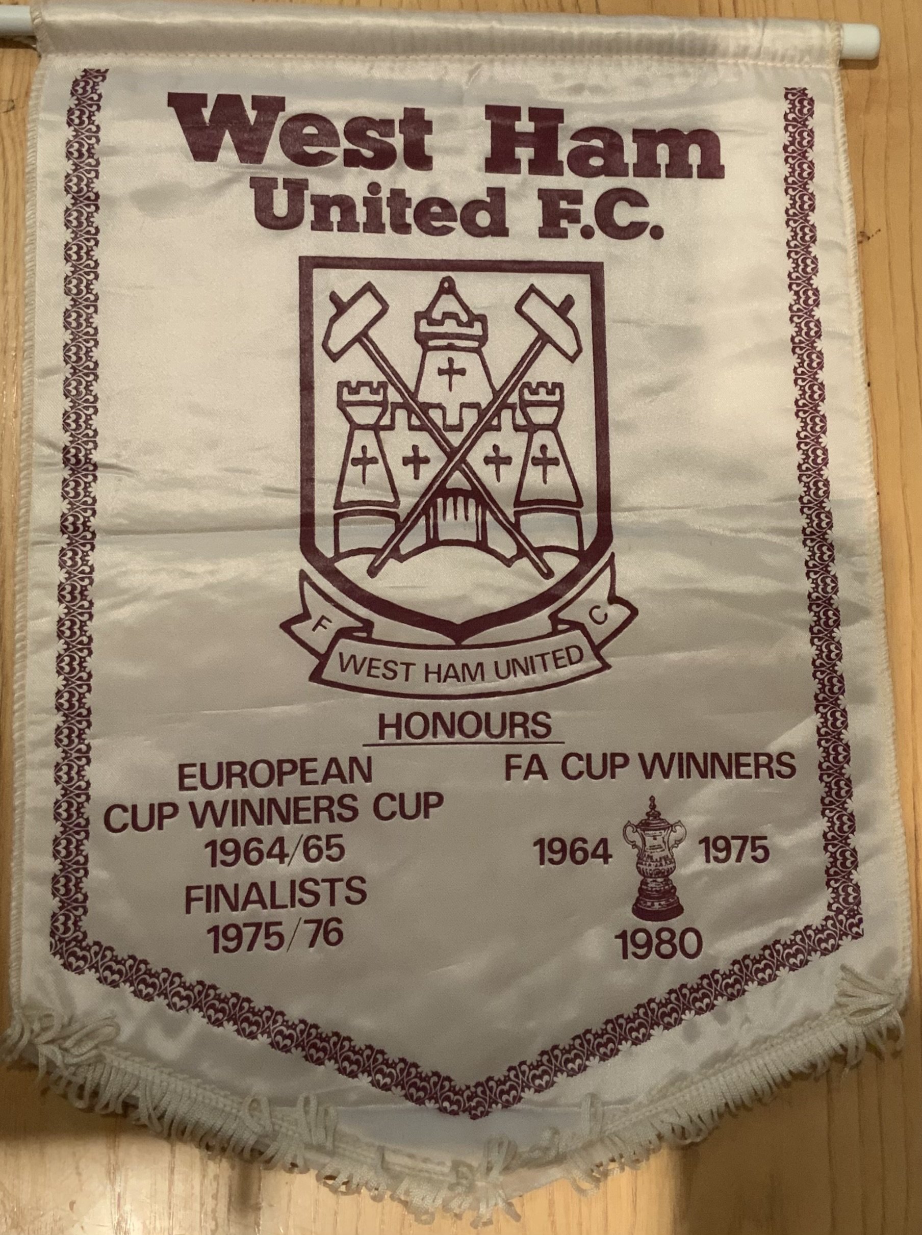 West Ham Football Pennants: Three large 15 inch pennants detailing the 1980 FA cup final, the 1981 League Cup final and another detailing honours up to 1980. In good condition (3)