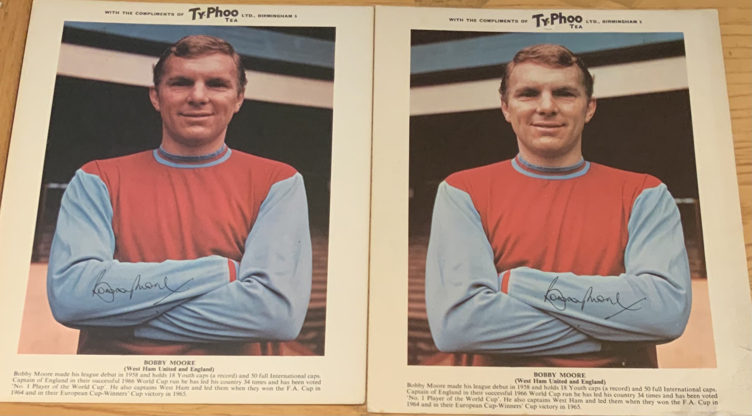 West Ham Football Cards and Pennants: Including a rare reversed Moore TyPhoo card image. Nine 1970s caricature cards featuring Charles Grotier Robson Bonds McDowell Holland Robson Lampard and Brooking. Two World Cup Moore and Hurst pennants. Typhoo cards have duplicates and some have pin holes. Four autographs on the West Ham team group (19)