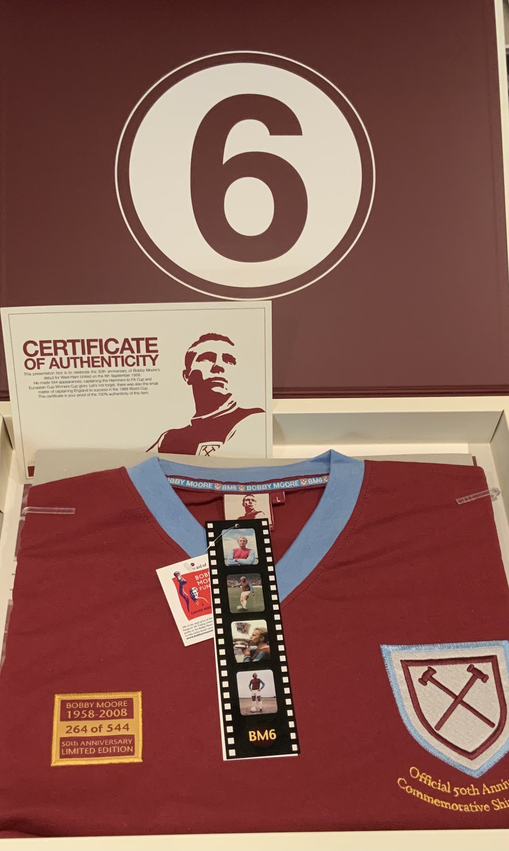 West Ham Bobby Moore Boxed Football Shirt: 50th Anniversary of debut shirt in box number 264 of 544. 