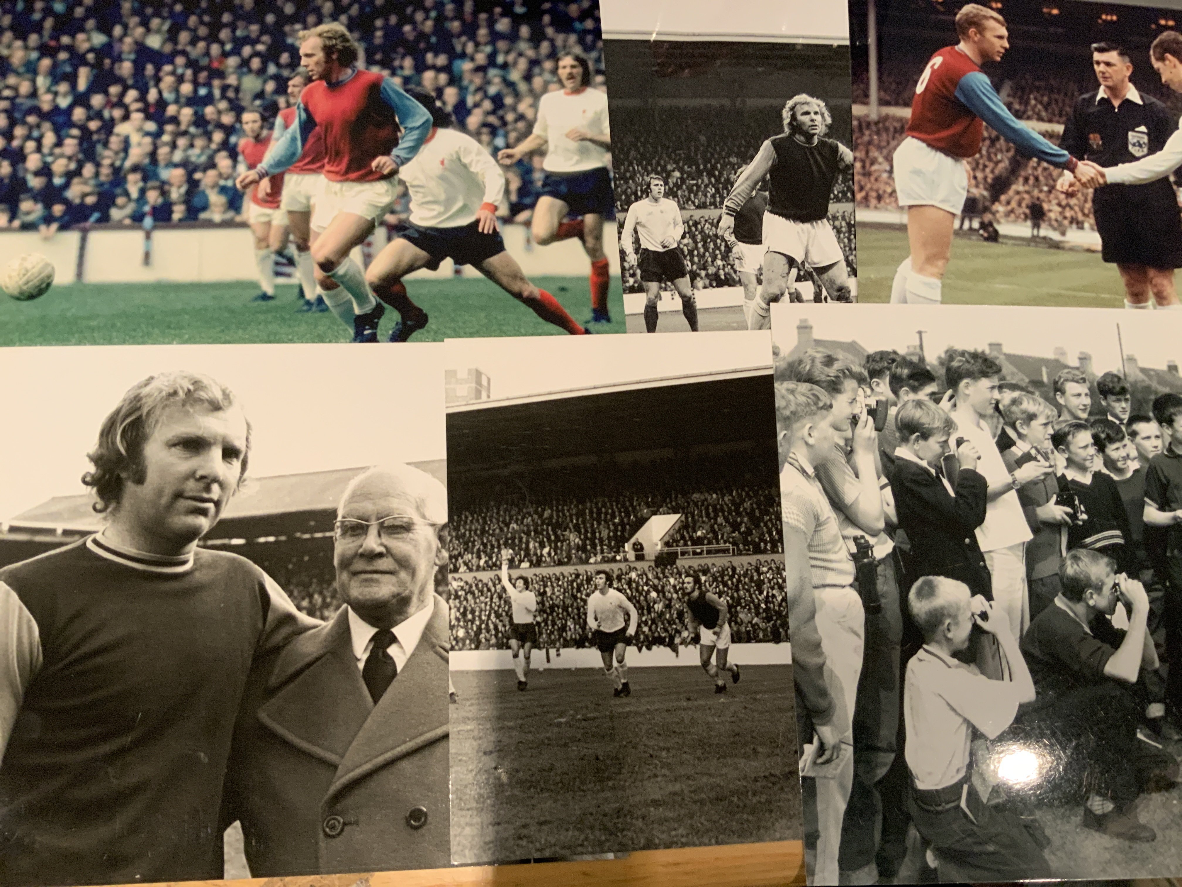 Bobby Moore West Ham + England Football Photos: Mainly 10 x 8 replica photos the majority West Ham related. No duplication. Nice collection with instructions to sell. (66)