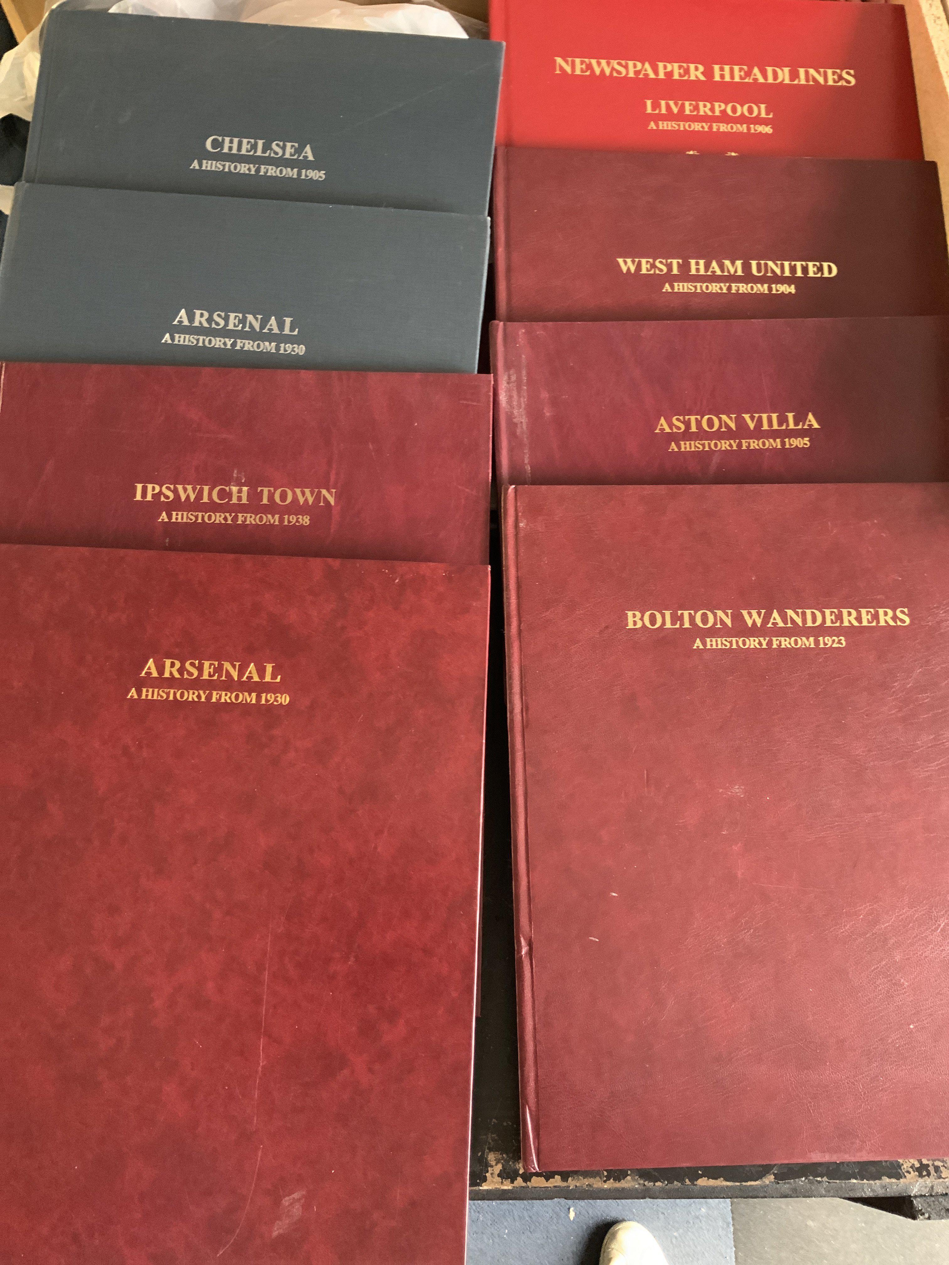 Football Club History Newspaper Books: Very large books consisting of the clubs history through reproduction cuttings of articles from famous moments. Includes Ipswich Bolton Arsenal Chelsea Liverpool and West Ham. Duplication. Instructions to sell. (10)