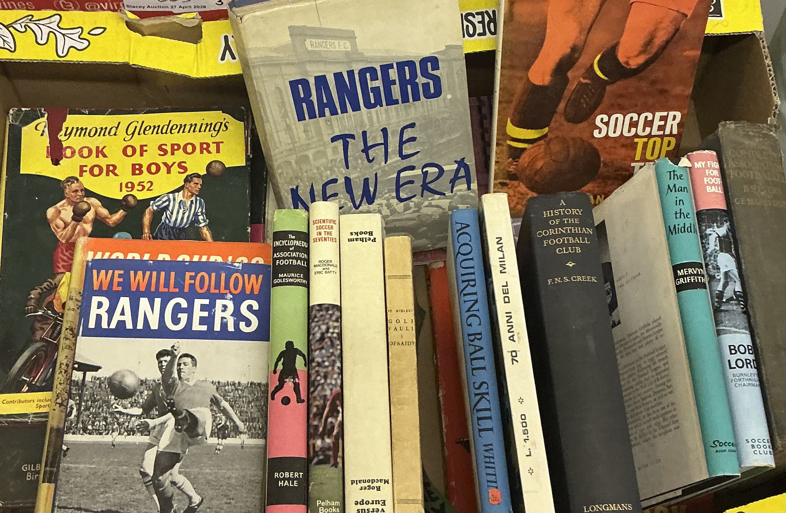 Collection of Football Books: Good selection, includes â€˜History of Corinthiansâ€™ 1933, â€˜Complete Association Footballerâ€™ 1924, Rangers â€˜The new eraâ€™ 1966, various other titles all in good general condition. 34 books in Two boxes