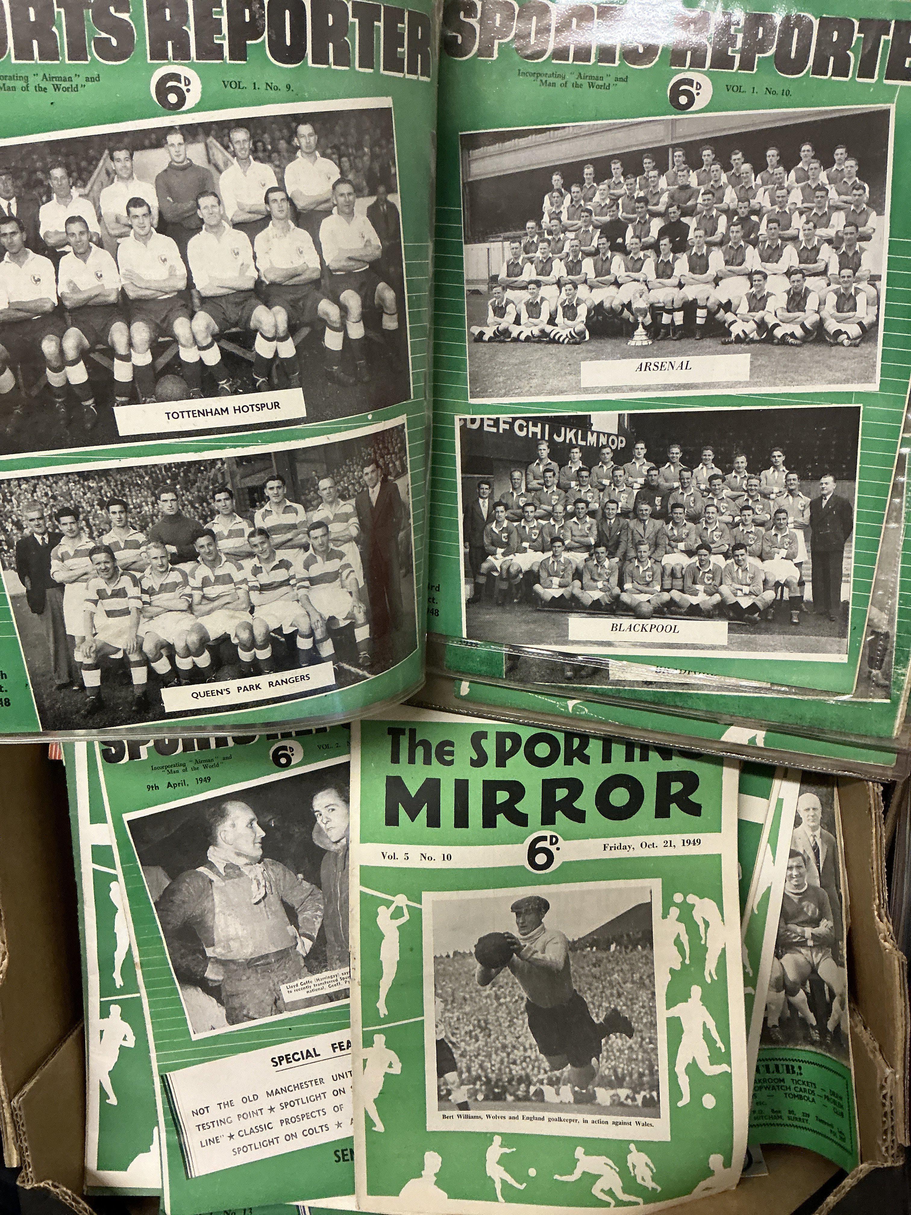 Football Magazines Collection: Two large boxes, one packed with Sport, Sporting Mirror, Sports Reporter and Sport Monthly. All with team groups of the front from the 1940s must be over 100. The other has a good run of Goal magazine late 1960 and early 1970s. All in excellent condition. (2 boxes)