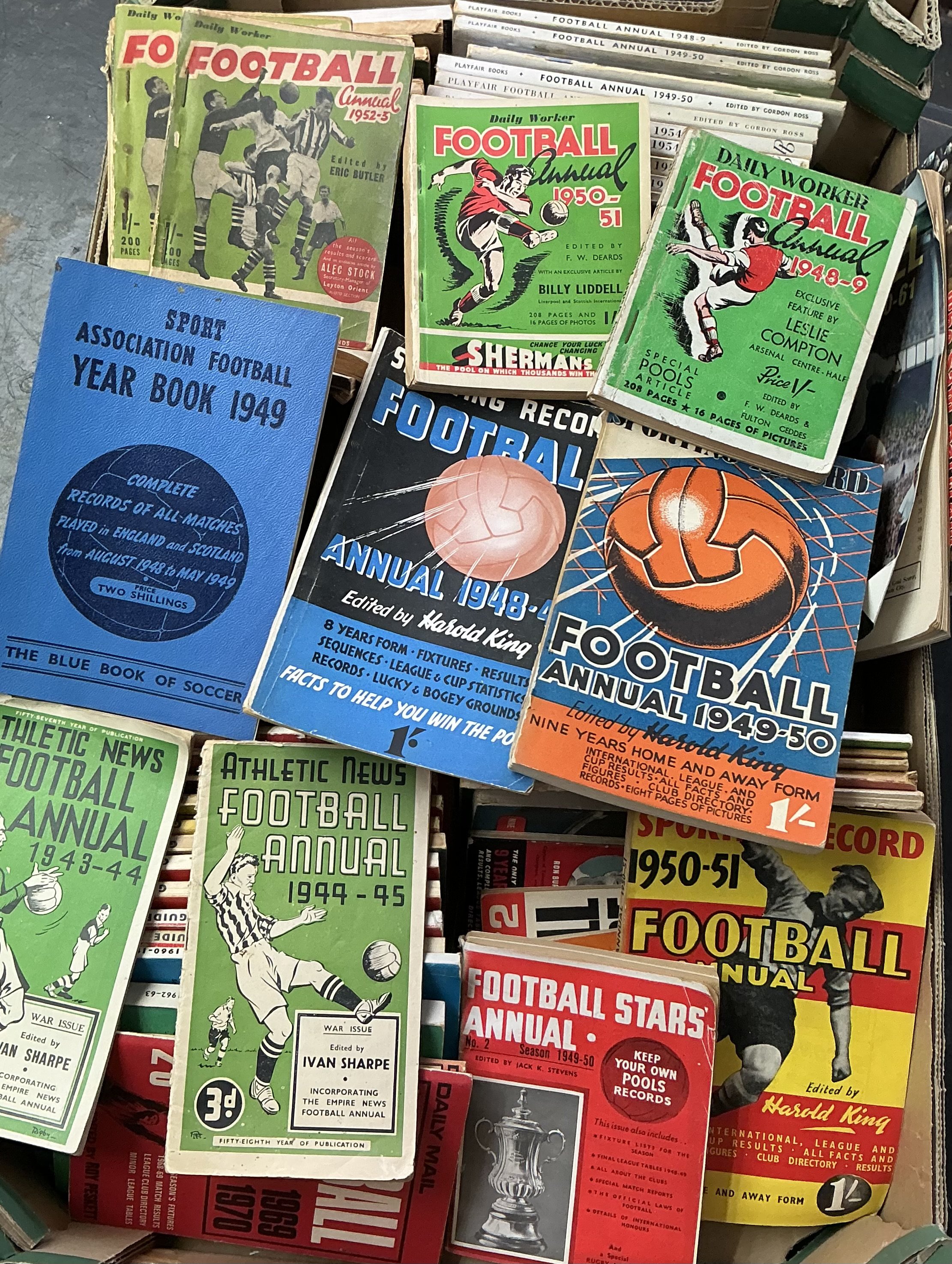 Football Annual Collection: Includes Playfair Daily Mail, Racing + Football Outlook, Daily Worker, Athletic News including 43/44 + 44/45. Plenty of 40s and 50s. (est 80)