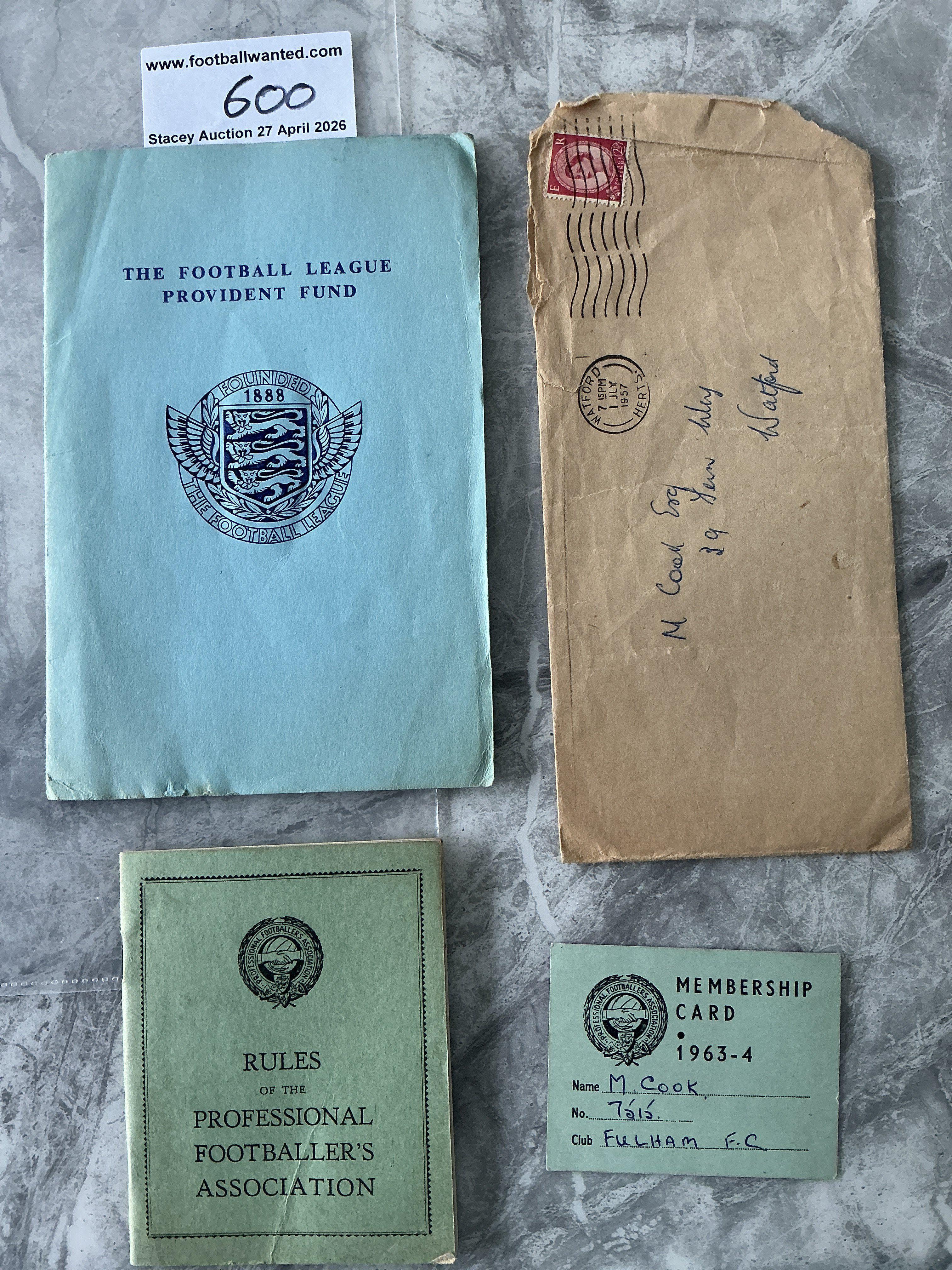 Maurice Cook 63/64 Fulham Personal Football Memorabilia: Membership card, Rule book and his Football League Provident Fund booklet which never got filled out. Original envelope addressed to him at his home in Watford for whom he used to play. Cook played 221 times for Fulham scoring 89 times. (4)