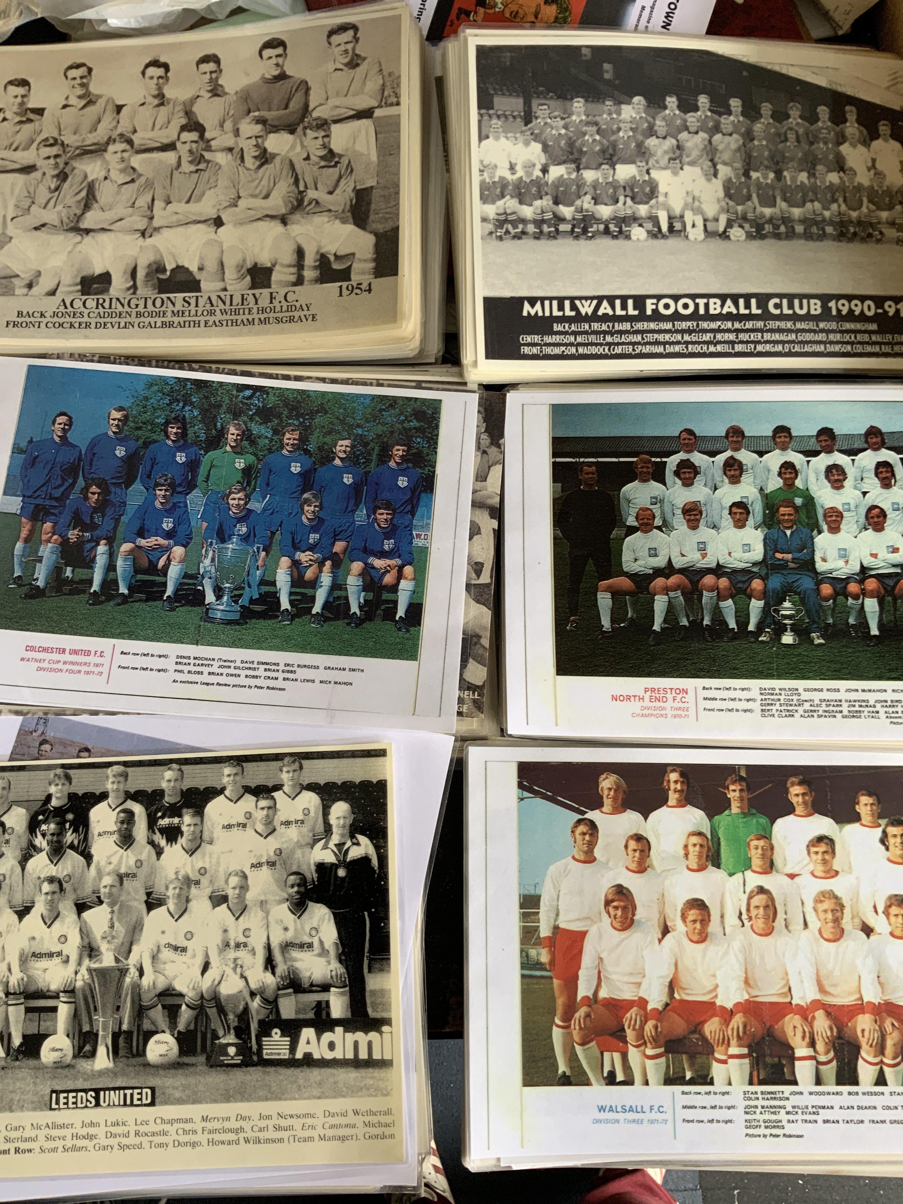 Football Club Team Group Collection: Laminated A4 size of copied team groups from all clubs and eras. Some talked from Football League Reviews all in alphabetical order with instructions to sell. Minor duplication. ( est 400)