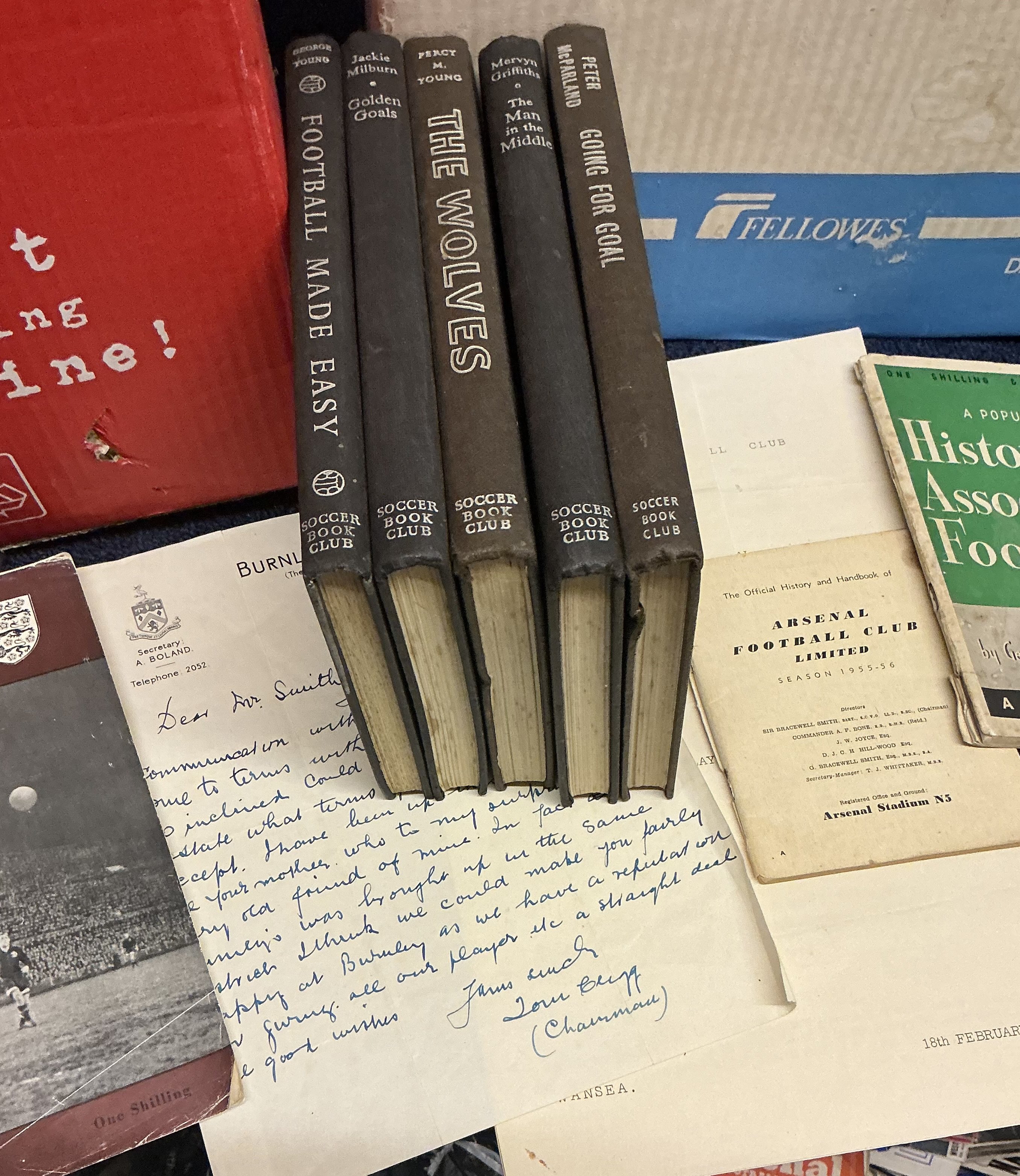 Mixed Football Memorabilia boxes: 3 large boxes with a host of collectable items from 1940s onwards. Includes a large pack of letters on club letterheads to a journalist, booklets, Tiger league ladders, boxed Wembley board game, trade cards, scrapbooks, lanyards, pennants, team sheets books plus much more (3 boxes)
