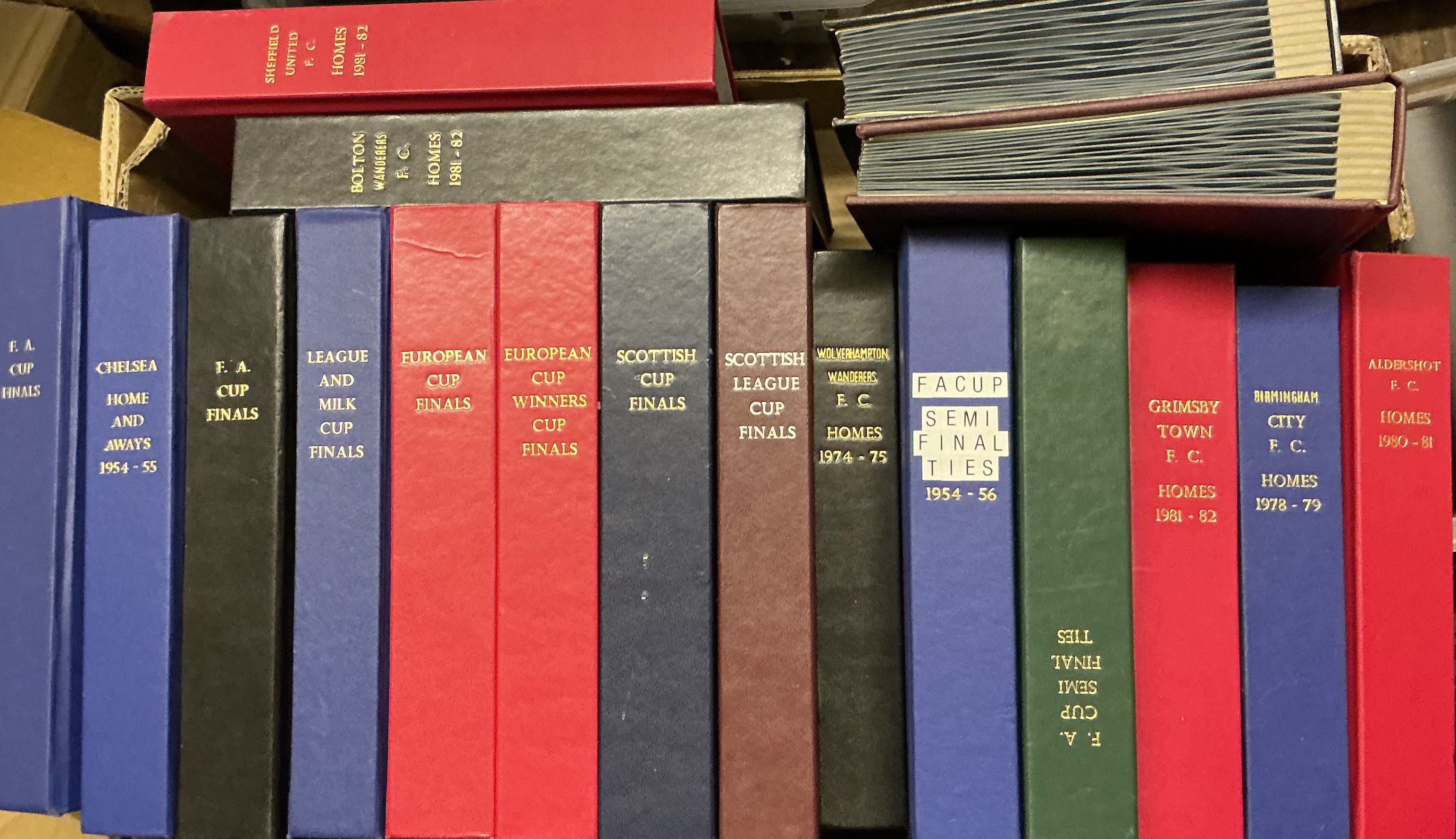 16 Empty DJ Bookbinder Football binders: Titles include FA Cup Finals, League Cup Finals, European Cup Finals, Scottish Cup Finals etc. Plus official club binders for Bolton Wanderers, Sheffield Wednesday and a number of West Brom. Total of approximately 40 binders.