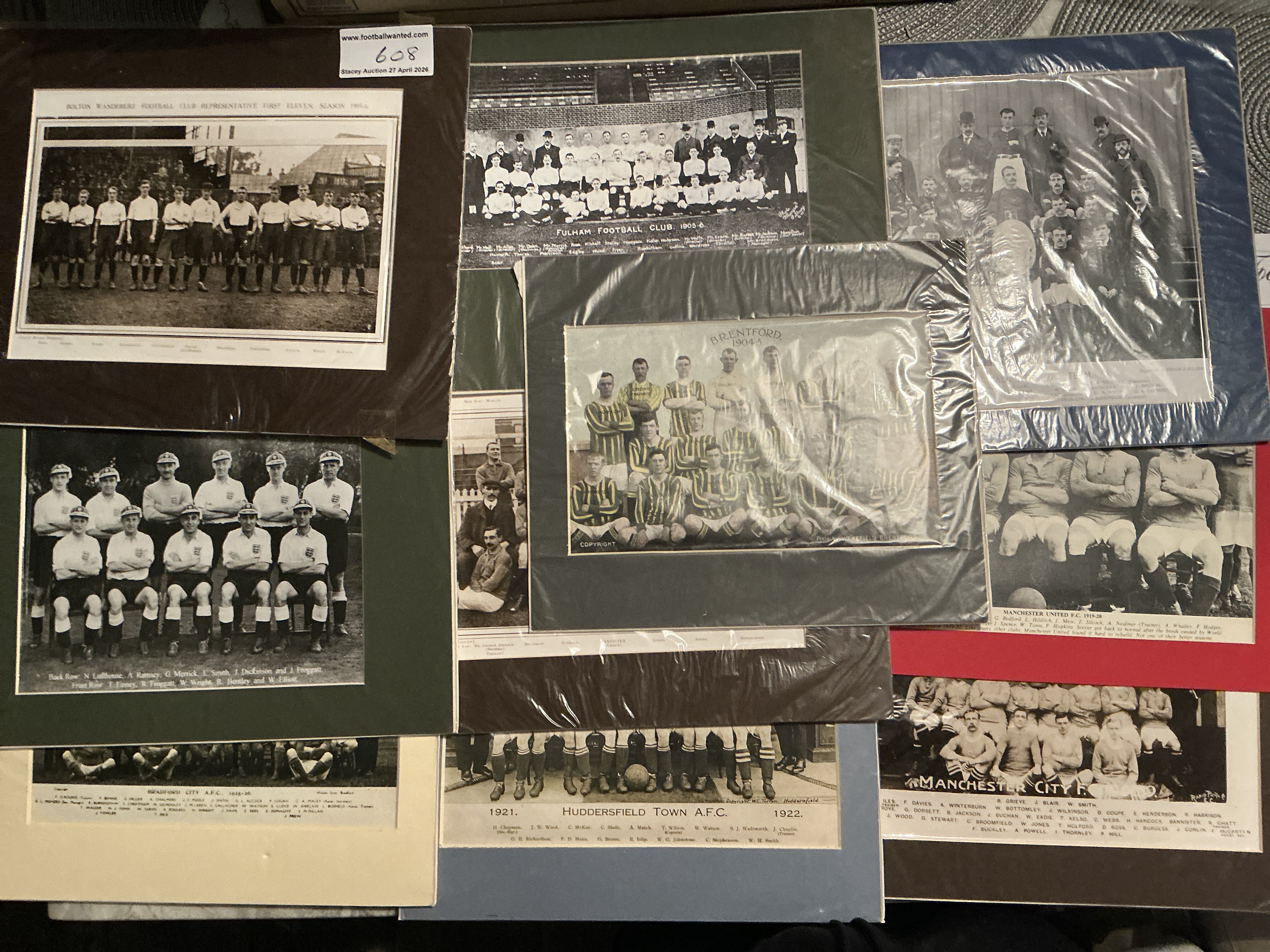 Old Mounted Football Team Groups: Some famous teams including the 1922 Cup winning team 1905 Leicester Fosse, Manchester United 1919 and more. Probably replica team groups but hard to tell behind plastic protection. Good. (10)