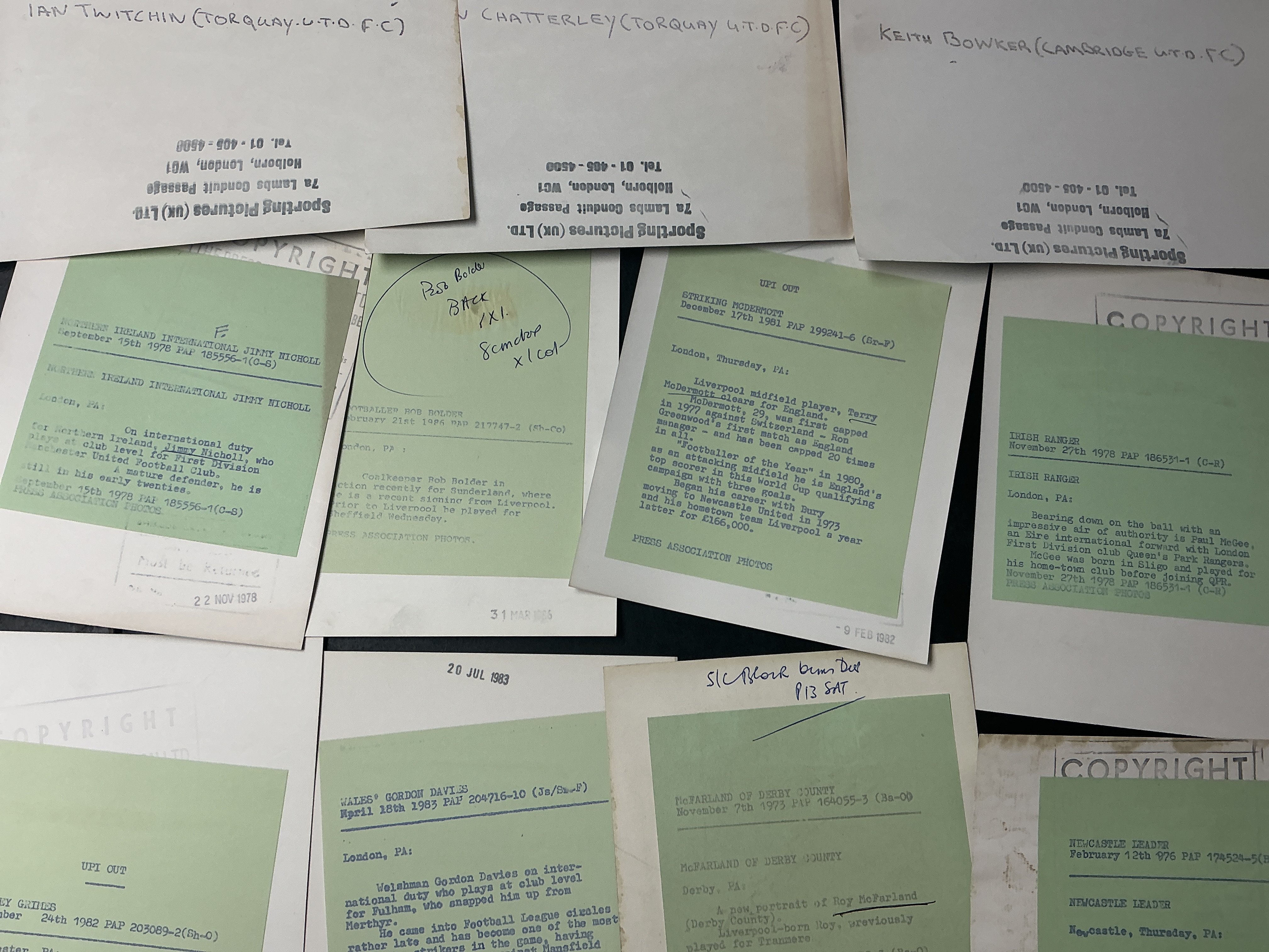 Football Press Photos: Black and white 8 x 6 photos mainly from the 60s and 70s. Often individual players with the odd one from the 80s. Good condition with press stamps and mainly annotations to rear. (40)