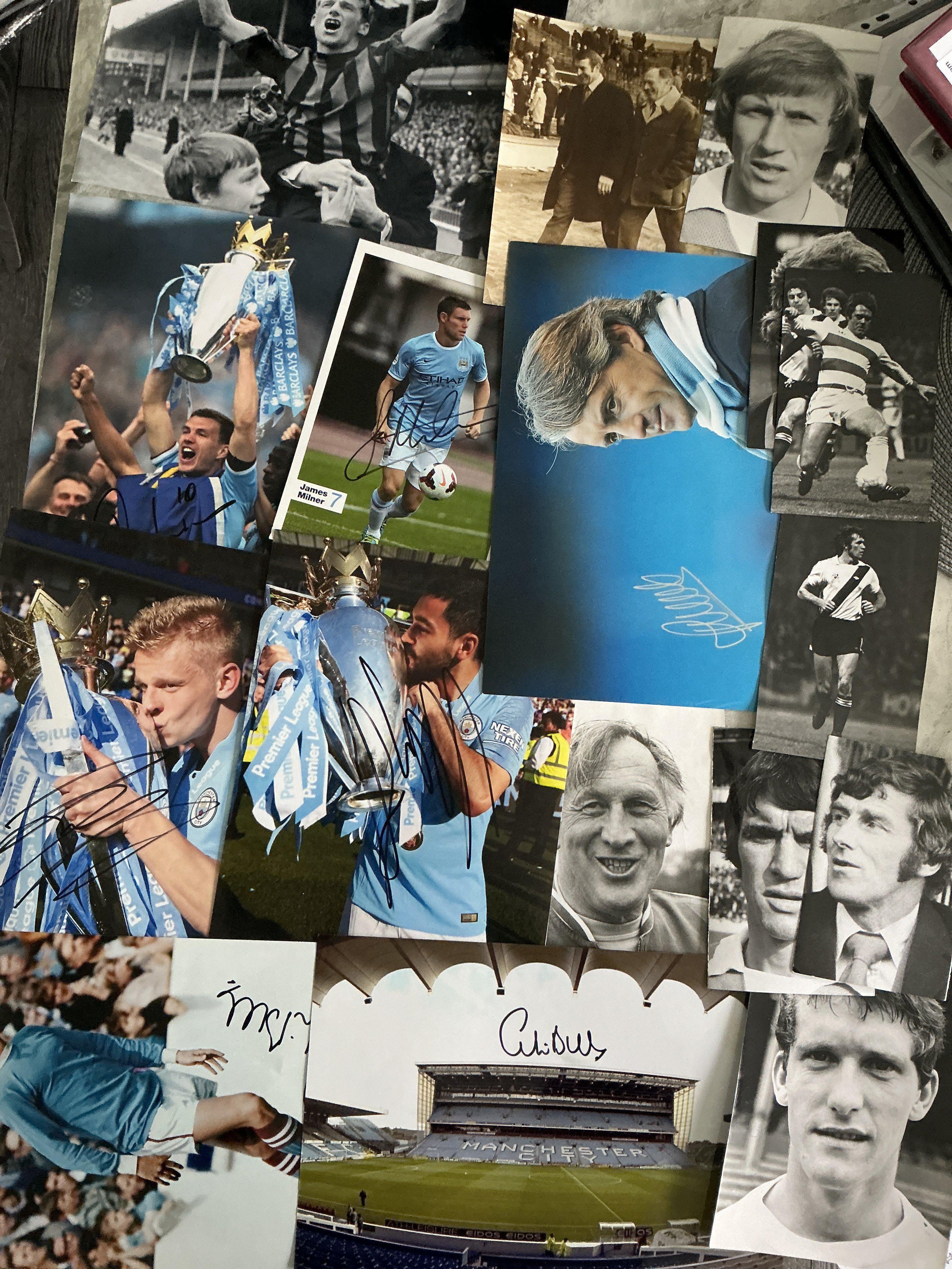 Manchester City Football Photos: Includes signed reproduction photos of Tony Book Colin Bell James Milner and others. C/W a few unsigned small press photos mainly without stamps to rear. (19)