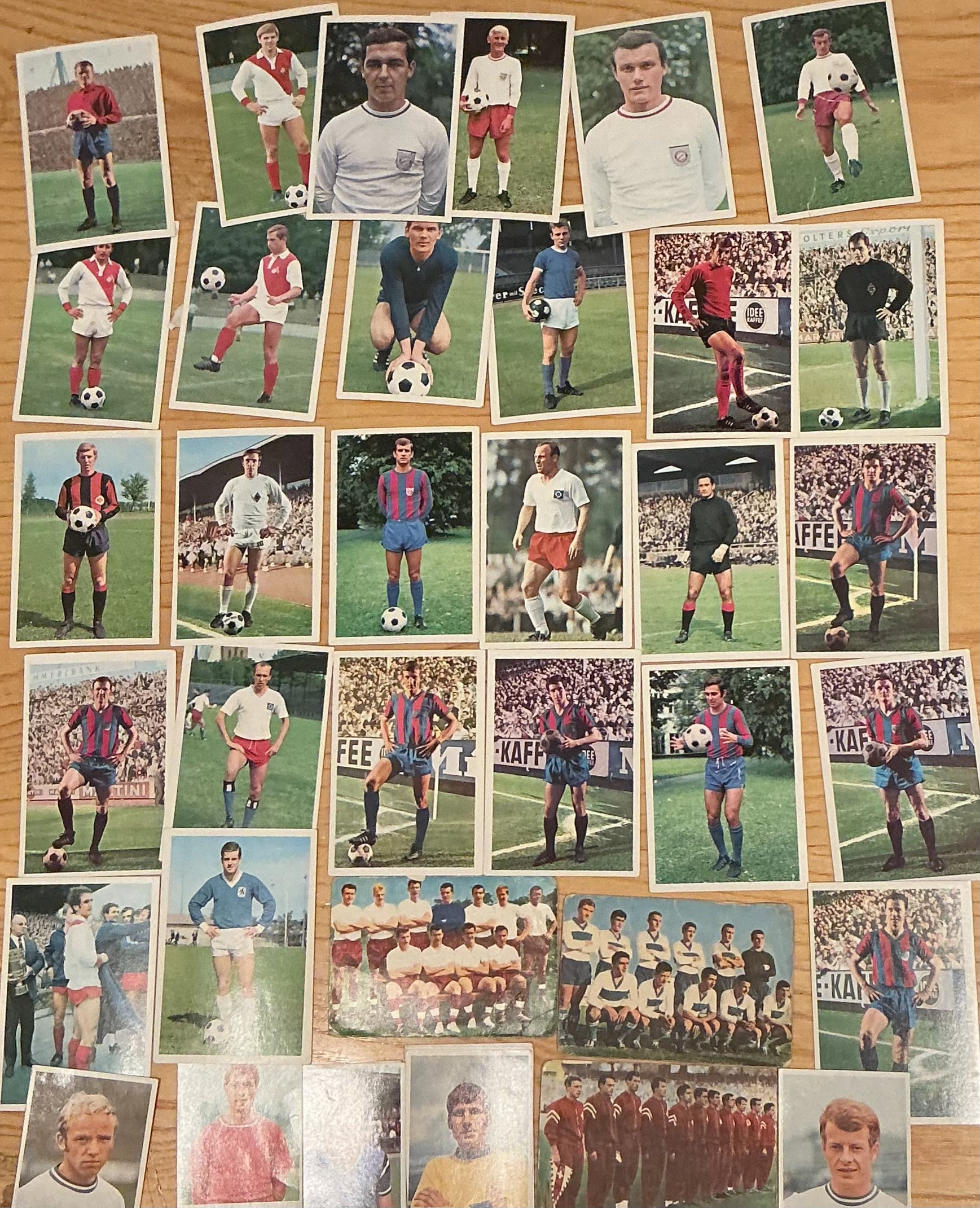 Football Card + Memorabilia Collection: Complete set of 50 The Sun Gallery Of Football Stars and many of the smaller 3D cards (150+). 30 Sammelbild German football cards from the late 60s which have been previously stuck down. C/W 1972 Harlem Globetrotters programme and ticket, 15 Athletics press photos including Geoff Capes and more. Instructions to sell. 
