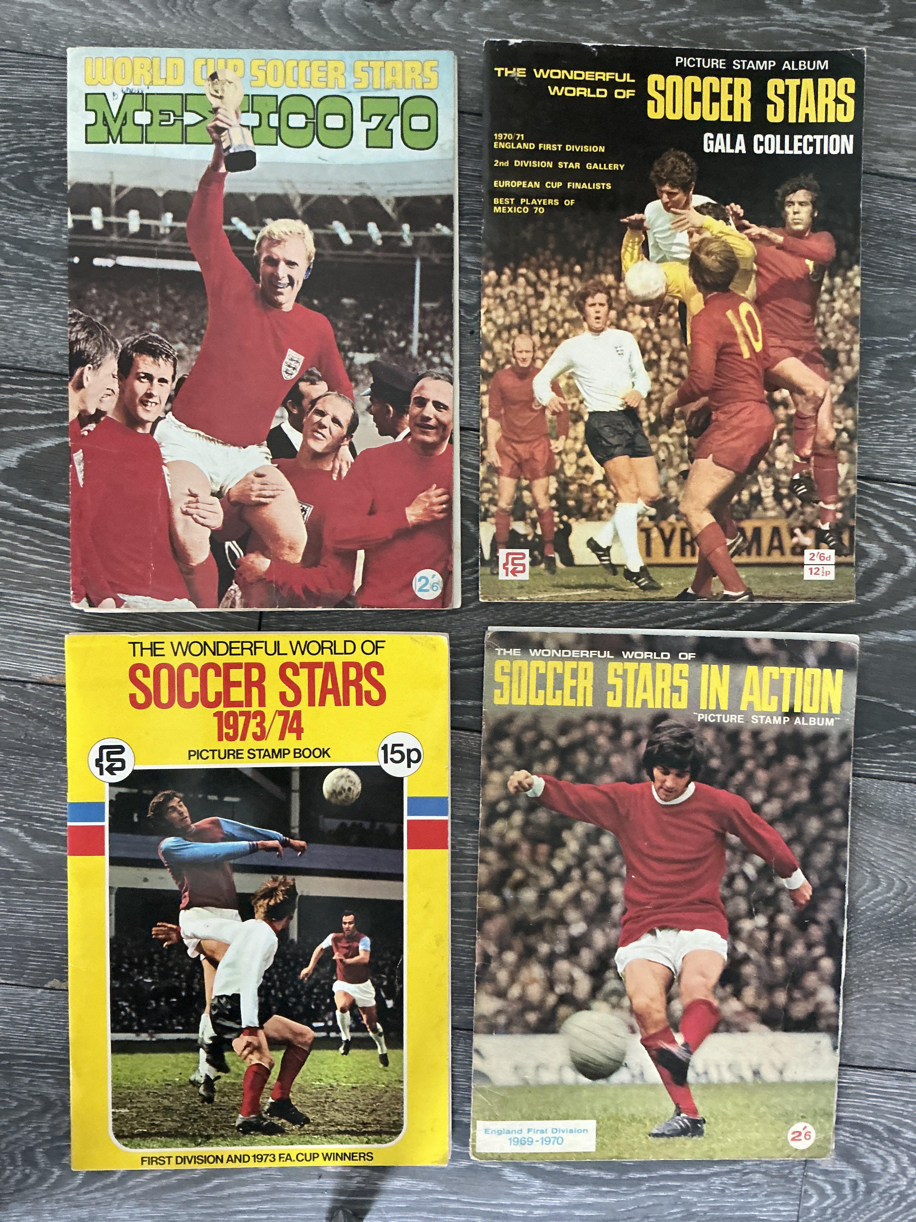 FKS Football Card Album Collection: Soccer Stars from 69/70 307/330, 70/71 251/374, 73/74 289/290 only lacking Bobby Ferguson. The three albums are good and only one has some pencilled writing to inside back page. C/W Mexico 1970 242/272. (4 albums)