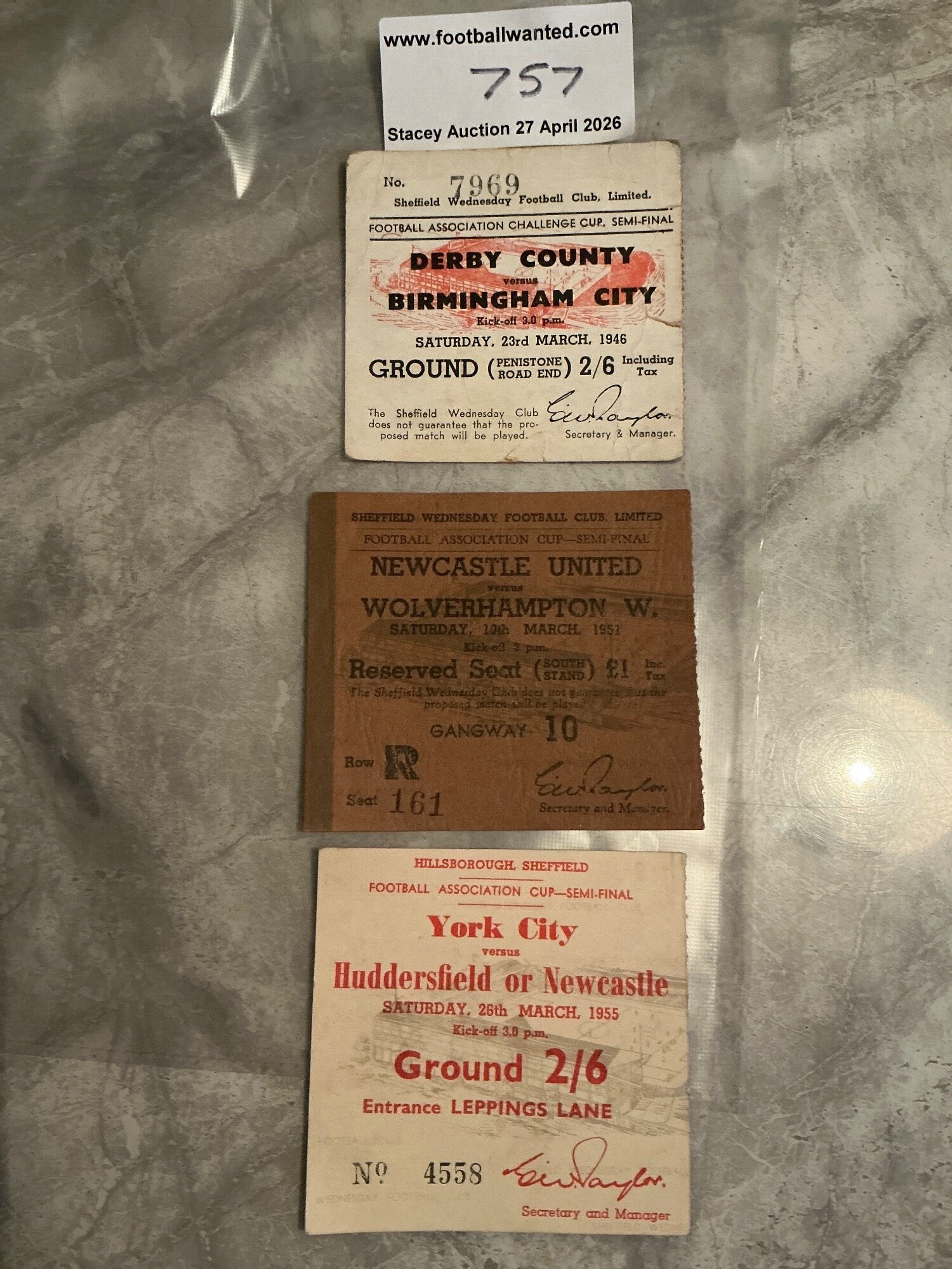 FA Cup Semi Final Football Tickets: 1946 Derby v Birmingham, 1951 Newcastle v Wolves, 1955 York v Newcastle. Good. (3)