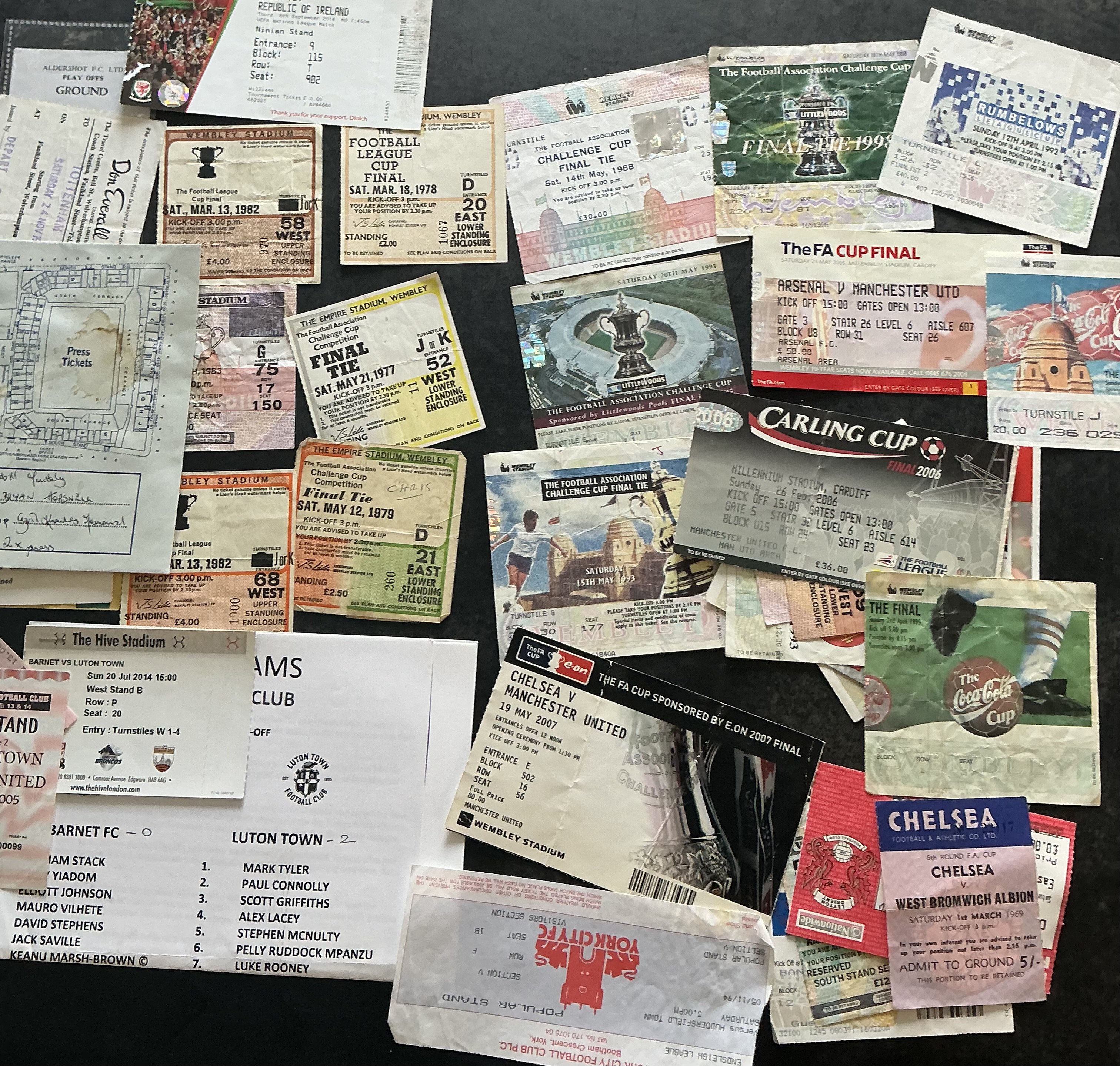 Football Ticket Collection: 325 tickets. Includes FA Cup Finals, League Cup Finals, Charity Shield, other finals, Internationals, specials, overseas, League and cup matches etc. 