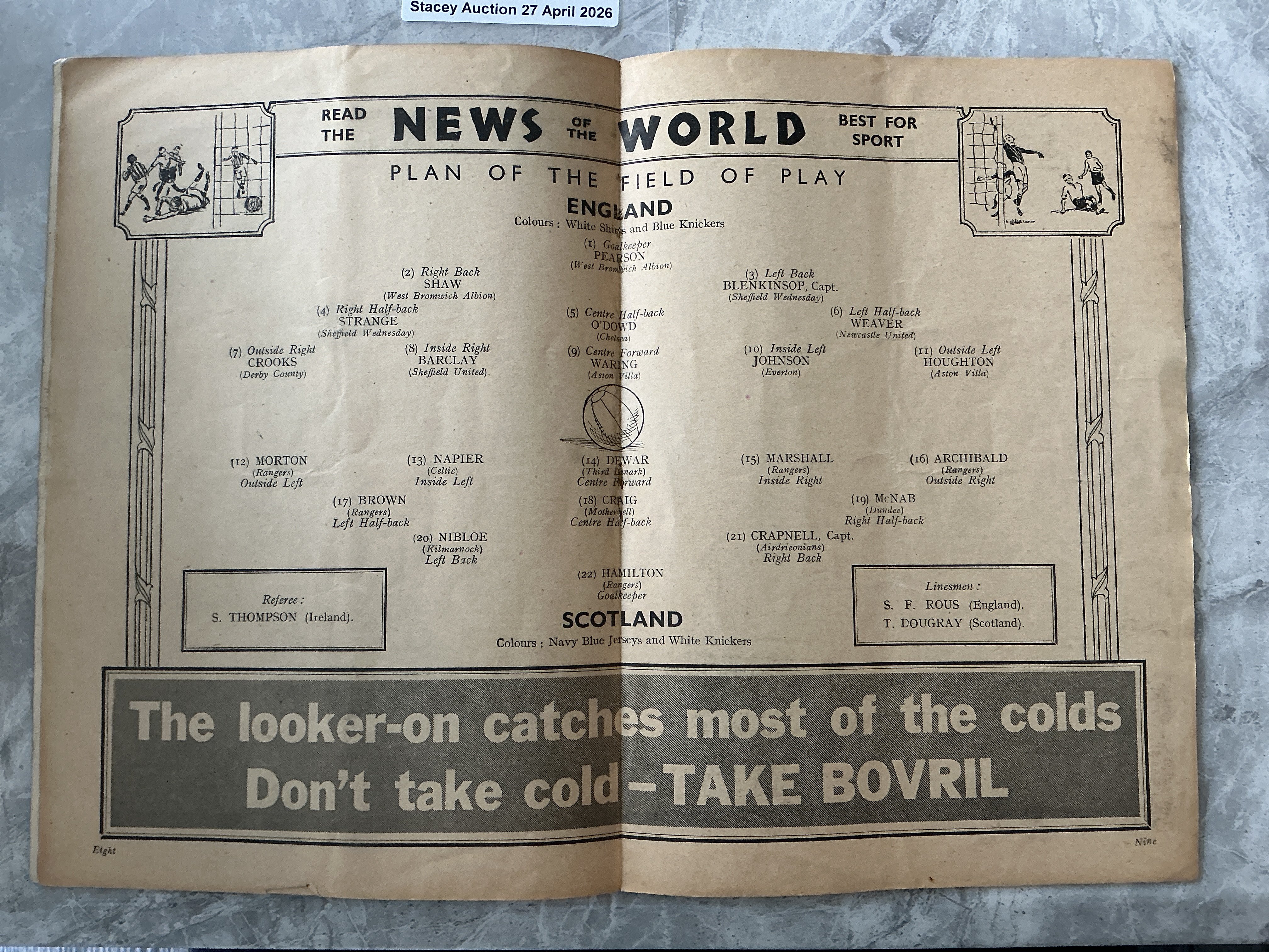 1932 England v Scotland Football Programme: Good condition with no team changes. Staples removed not rotted away. 1932 written to cover and light fold.