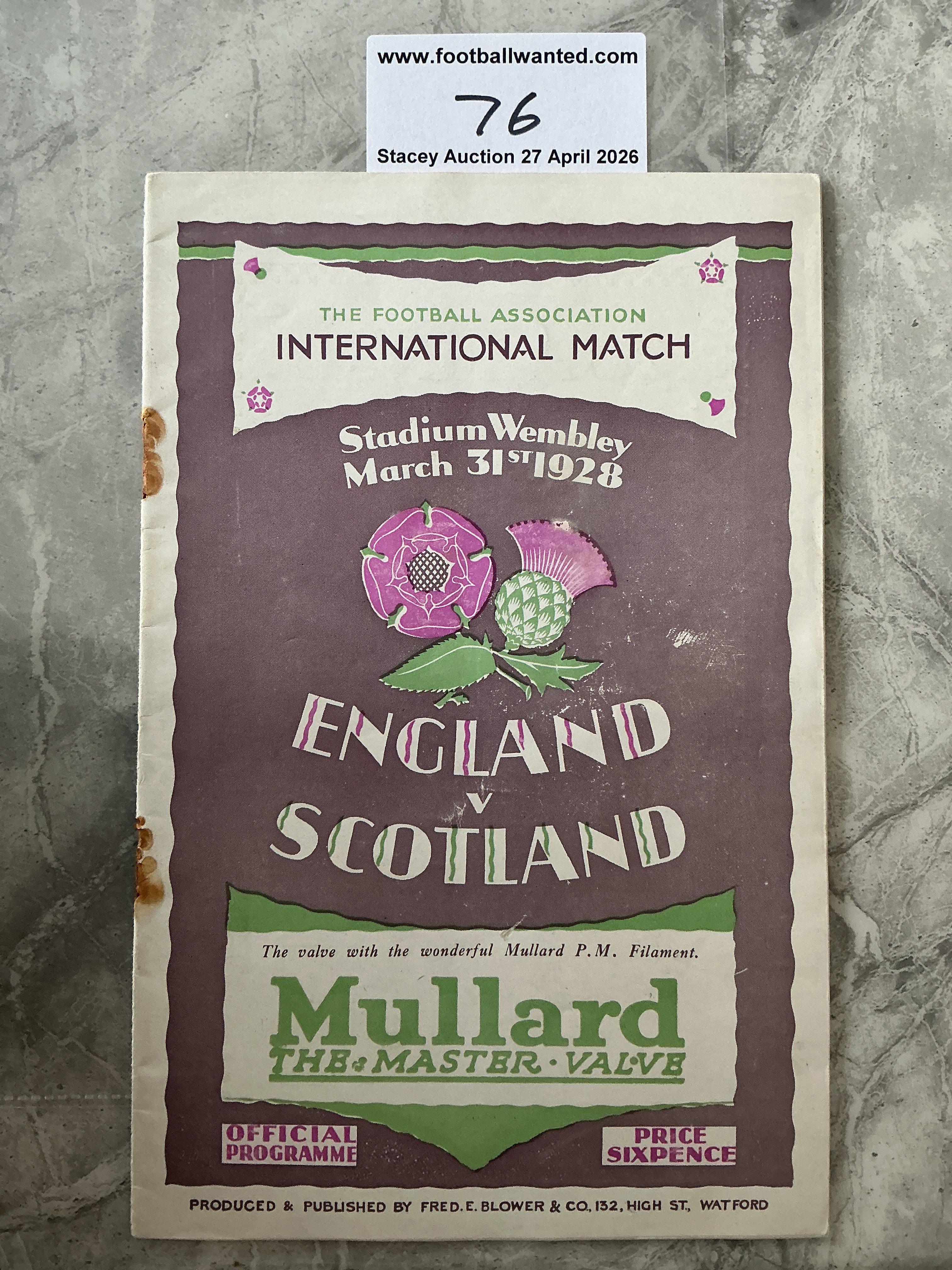 1928 England v Scotland Football Programme: Fair/good condition with no team changes. Staples missing but were rusty and have left staining throughout. 